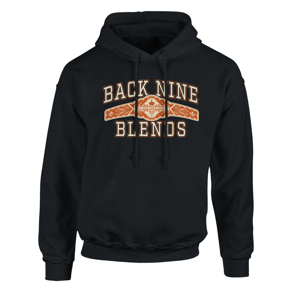 A black pullover hoodie with a cigar band graphic on the chest reading 'BACK NINE BLENDS' in cream and orange.