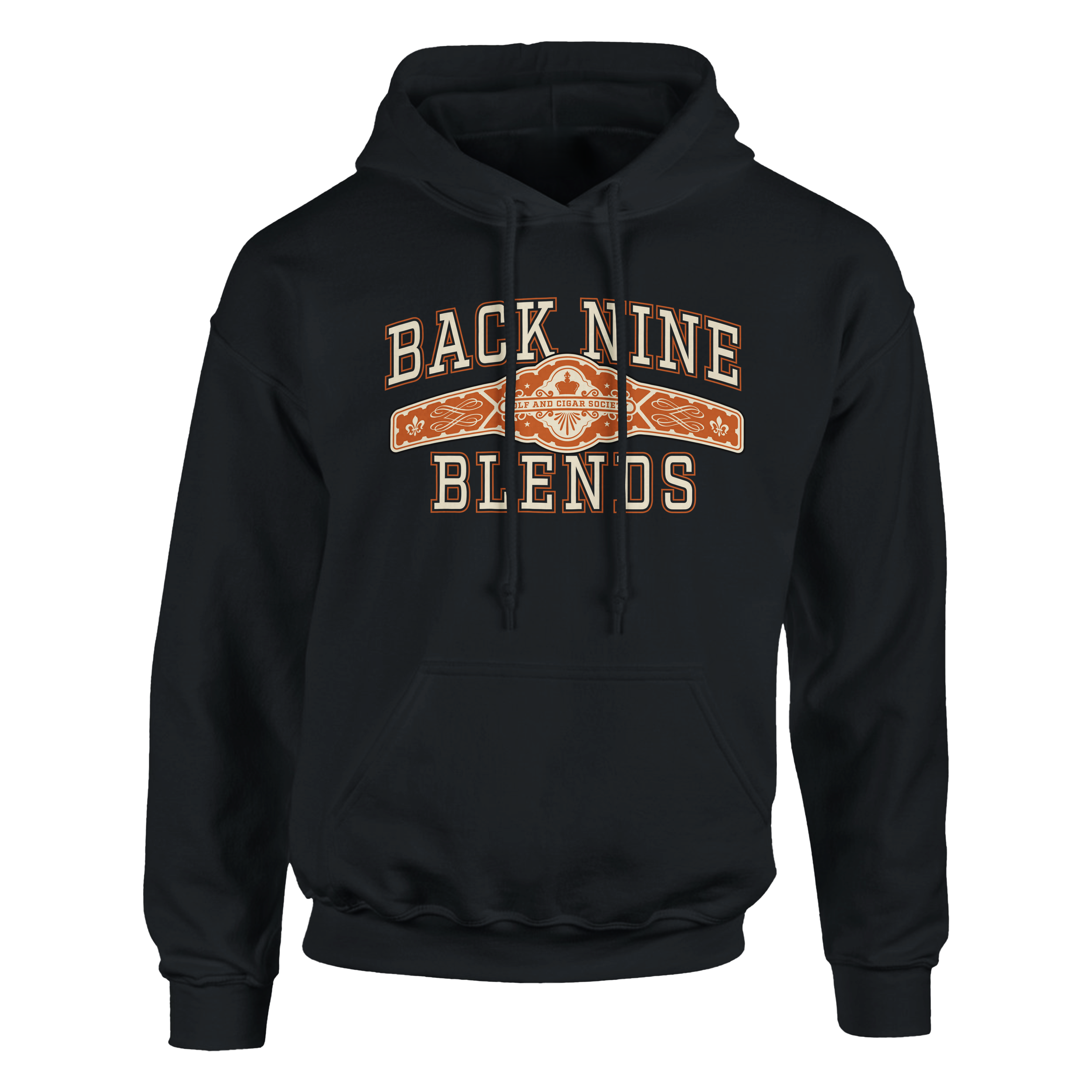 A black pullover hoodie with a cigar band graphic on the chest reading 'BACK NINE BLENDS' in cream and orange.