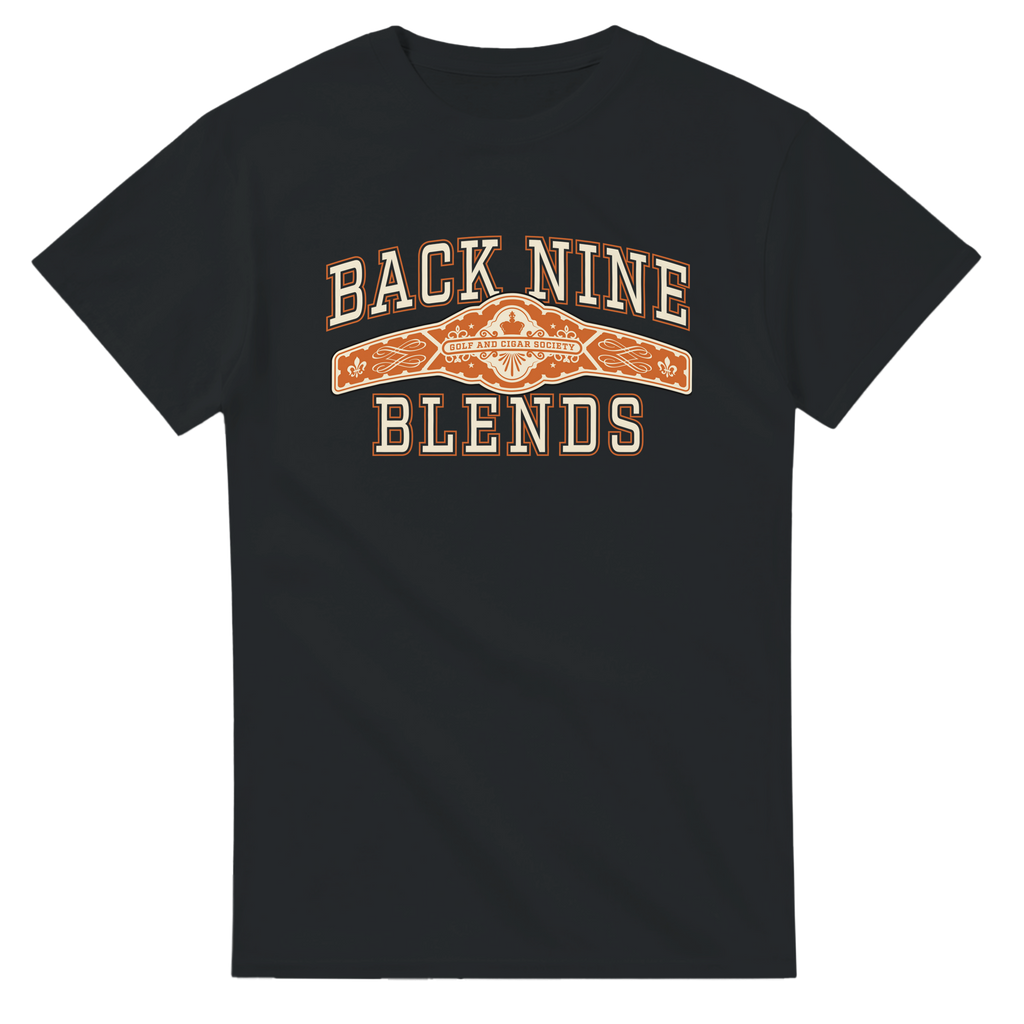 A black tee with a cigar band graphic on the chest reading 'BACK NINE BLENDS' in cream and orange.