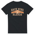 A black tee with a cigar band graphic on the chest reading 'BACK NINE BLENDS' in cream and orange.
