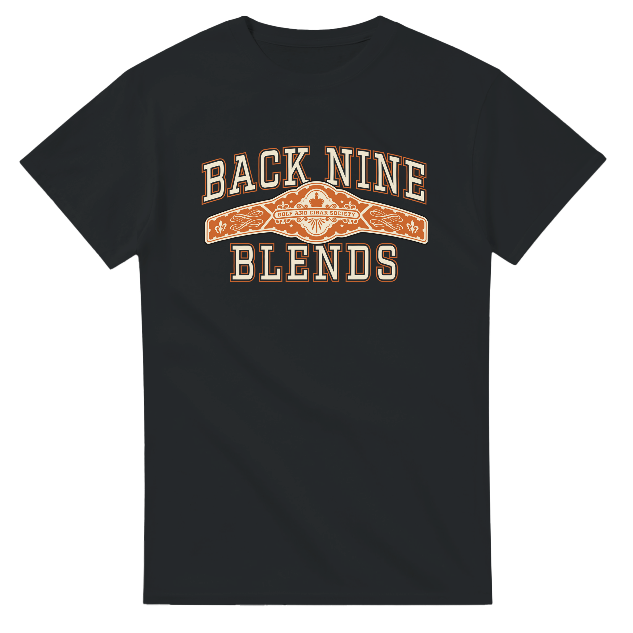 A black tee with a cigar band graphic on the chest reading 'BACK NINE BLENDS' in cream and orange.