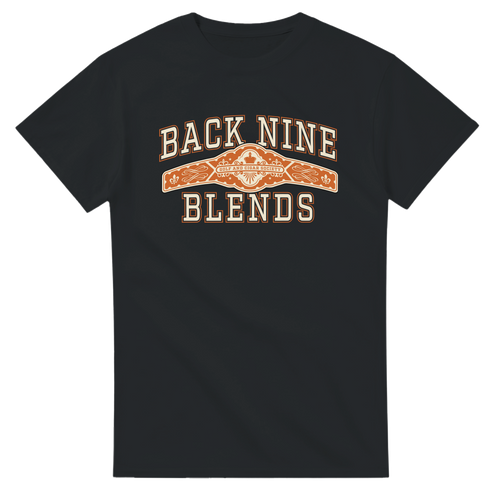 A black tee with a cigar band graphic on the chest reading 'BACK NINE BLENDS' in cream and orange.