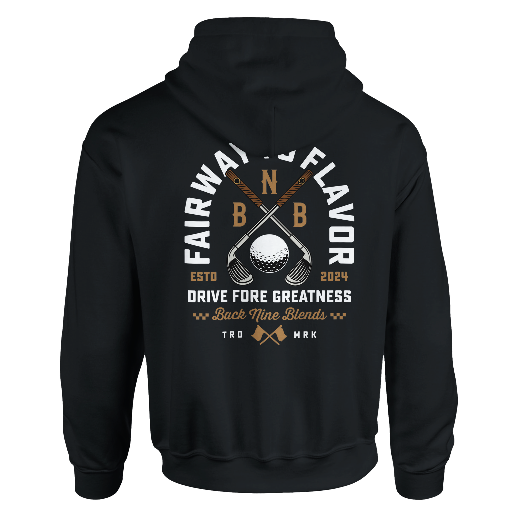 A black pullover hoodie featuring a bold graphic of crossed golf clubs and a golf ball, with arced white text 'FAIRWAY TO FLAVOR' above, and 'DRIVE FORE GREATNESS' below.