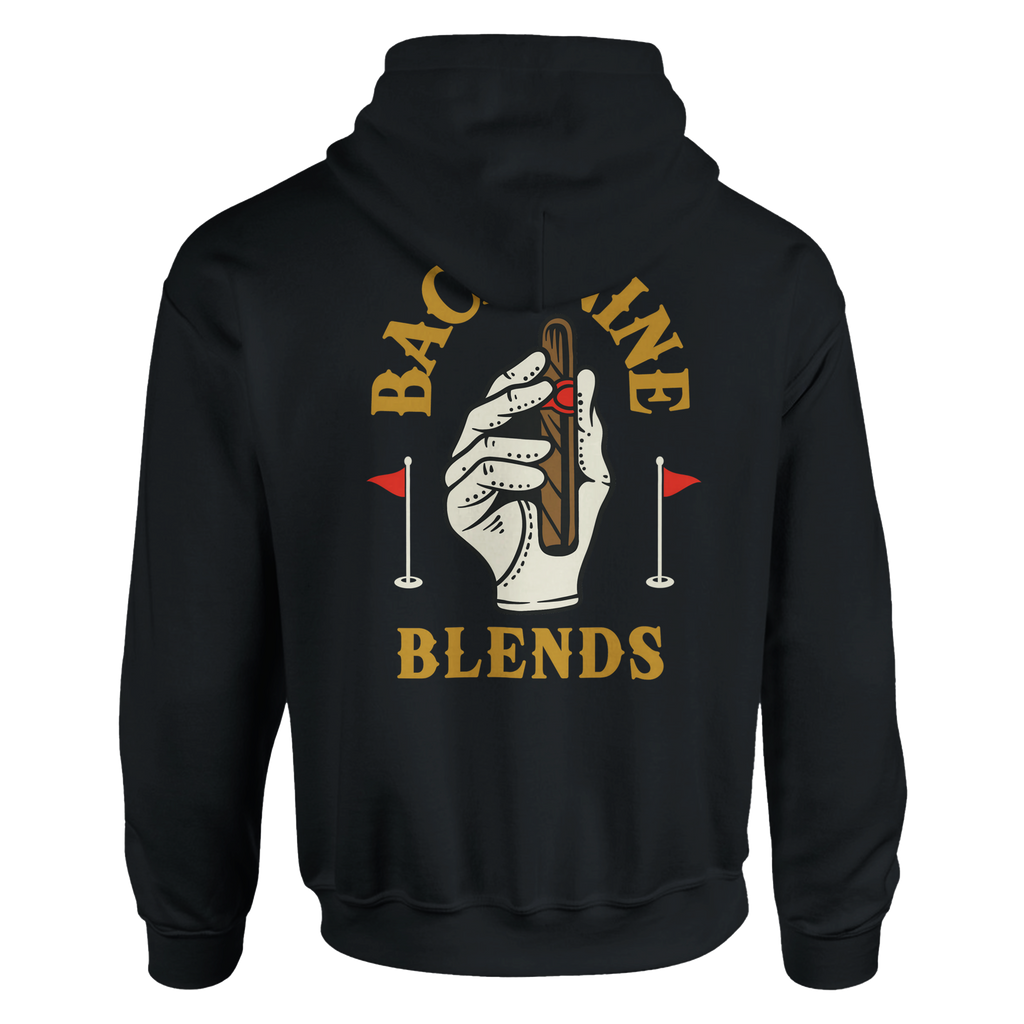 A black pullover hoodie featuring a golf glove holding a cigar, with arced gold text reading 'BACK NINE' above and 'BLENDS' below.