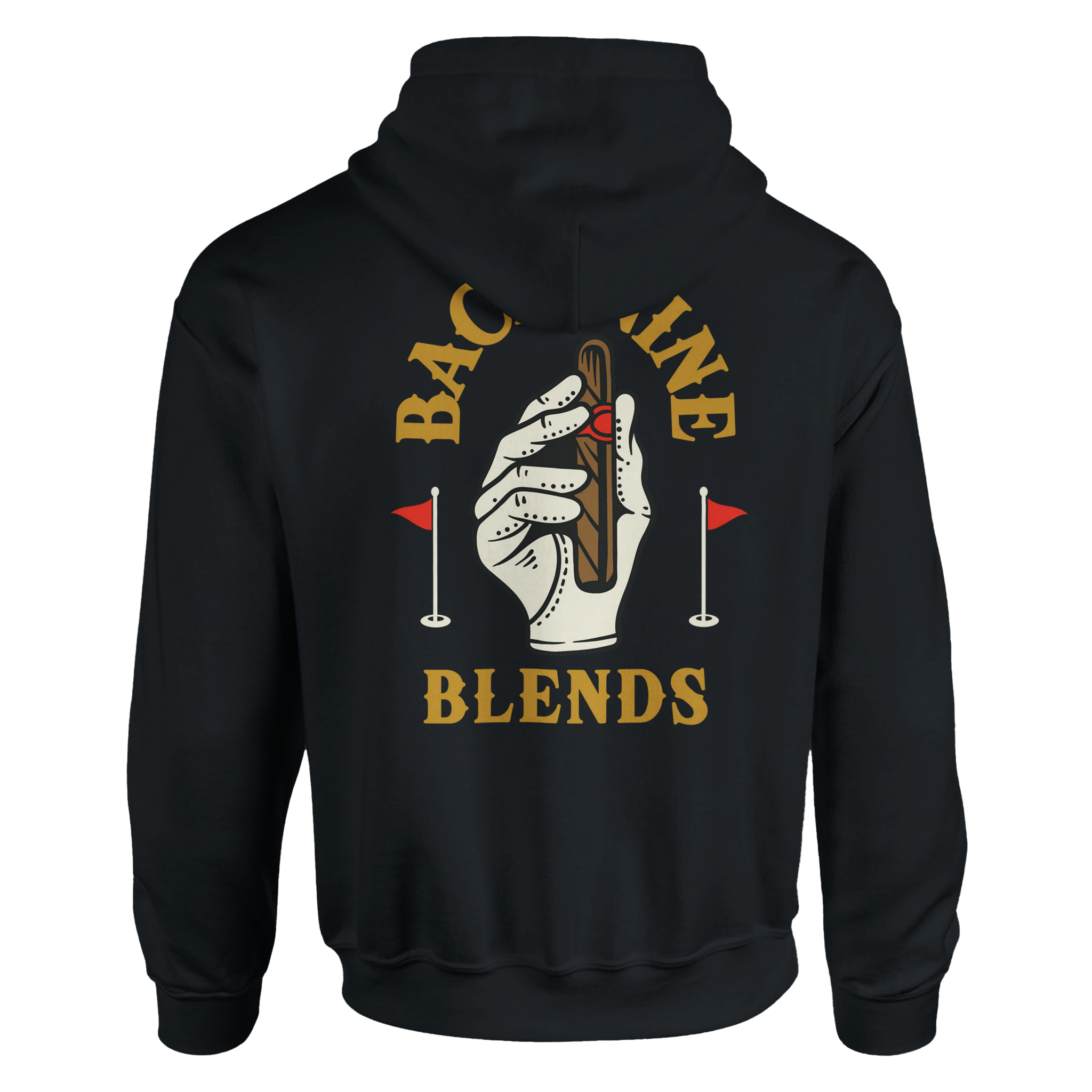 A black pullover hoodie featuring a golf glove holding a cigar, with arced gold text reading 'BACK NINE' above and 'BLENDS' below.