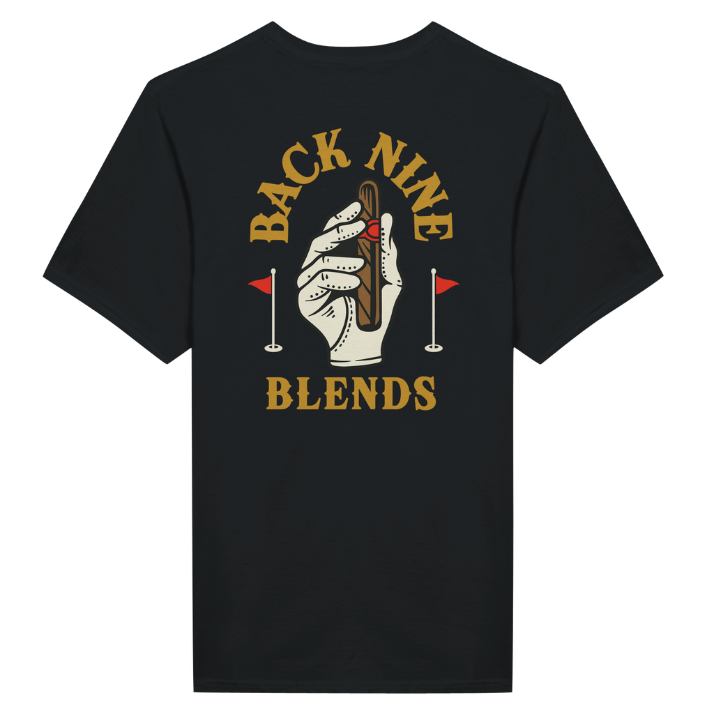 A black tee featuring a golf glove holding a cigar, with arced gold text reading 'BACK NINE' above and 'BLENDS' below.