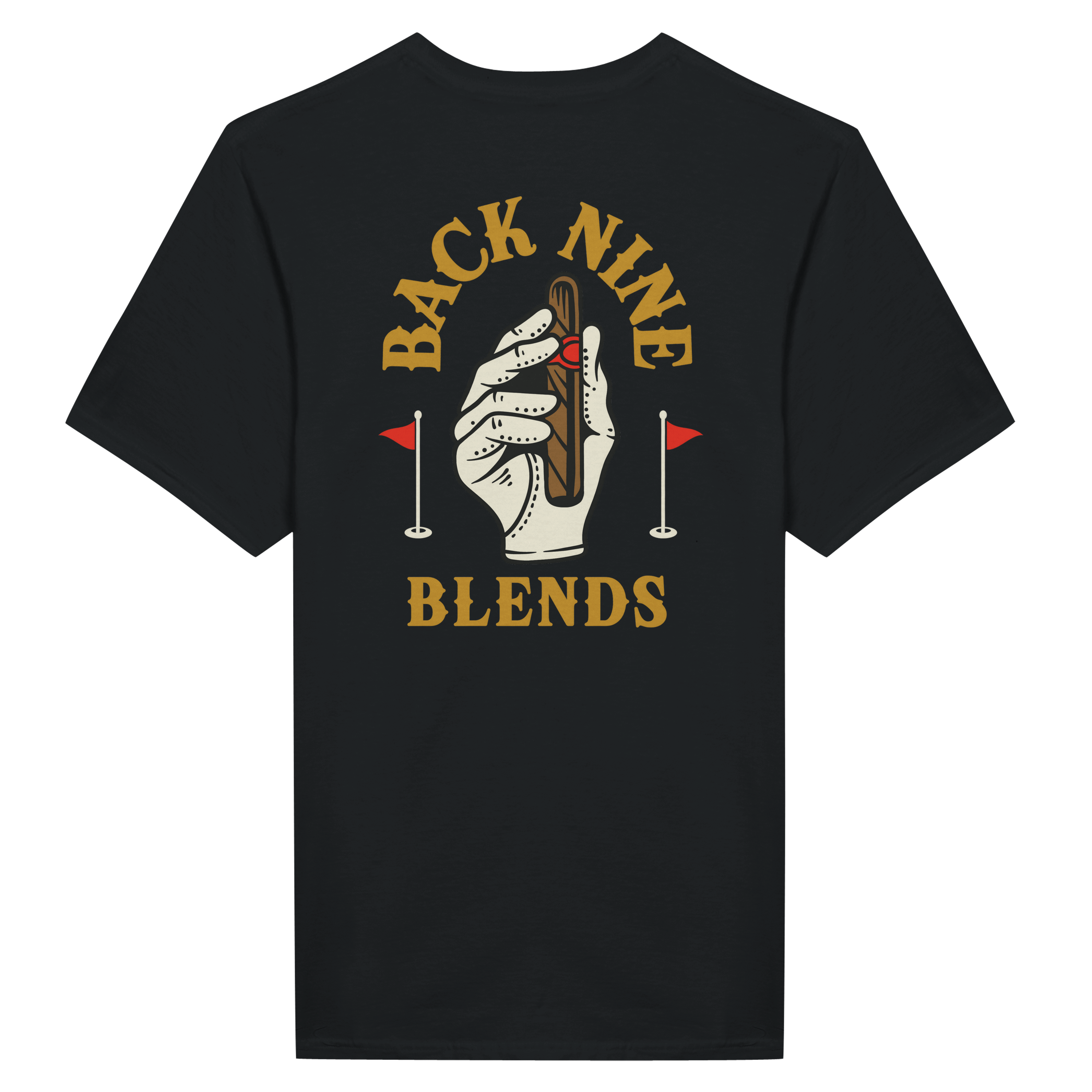 A black tee featuring a golf glove holding a cigar, with arced gold text reading 'BACK NINE' above and 'BLENDS' below.
