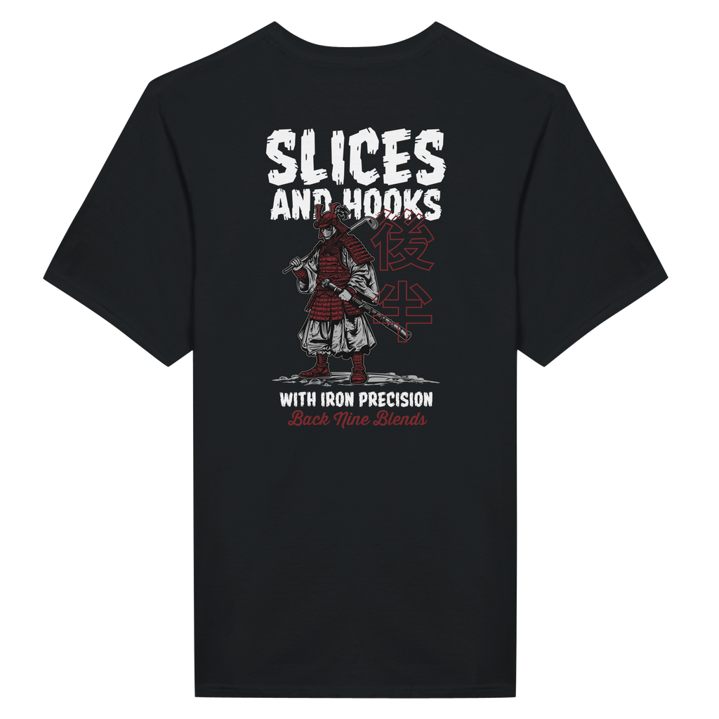 A black tee featuring a bold graphic of a samurai wielding a golf club, with white text 'SLICES AND HOOKS' above the artwork and 'WITH IRON PRECISION' below it.