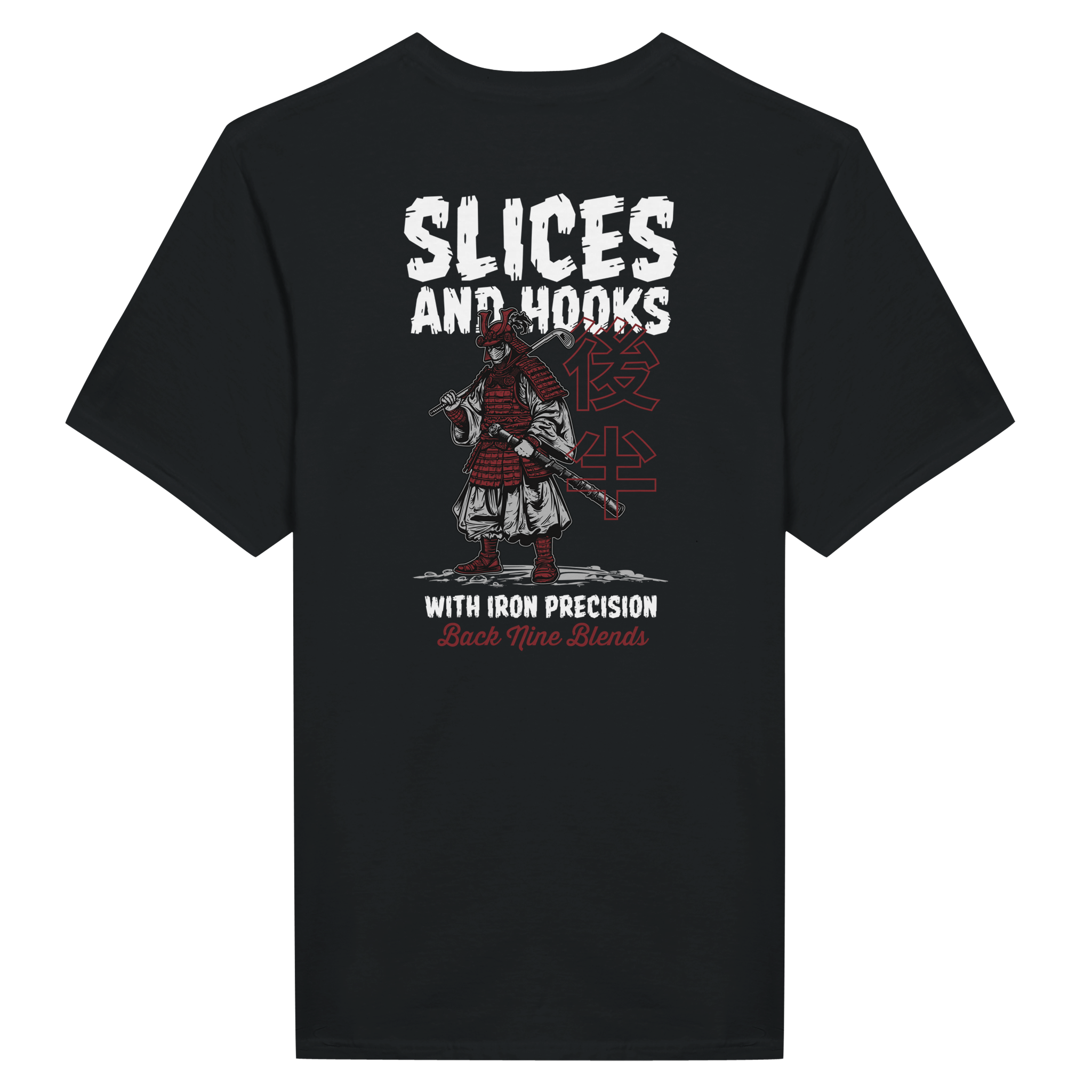 A black tee featuring a bold graphic of a samurai wielding a golf club, with white text 'SLICES AND HOOKS' above the artwork and 'WITH IRON PRECISION' below it.