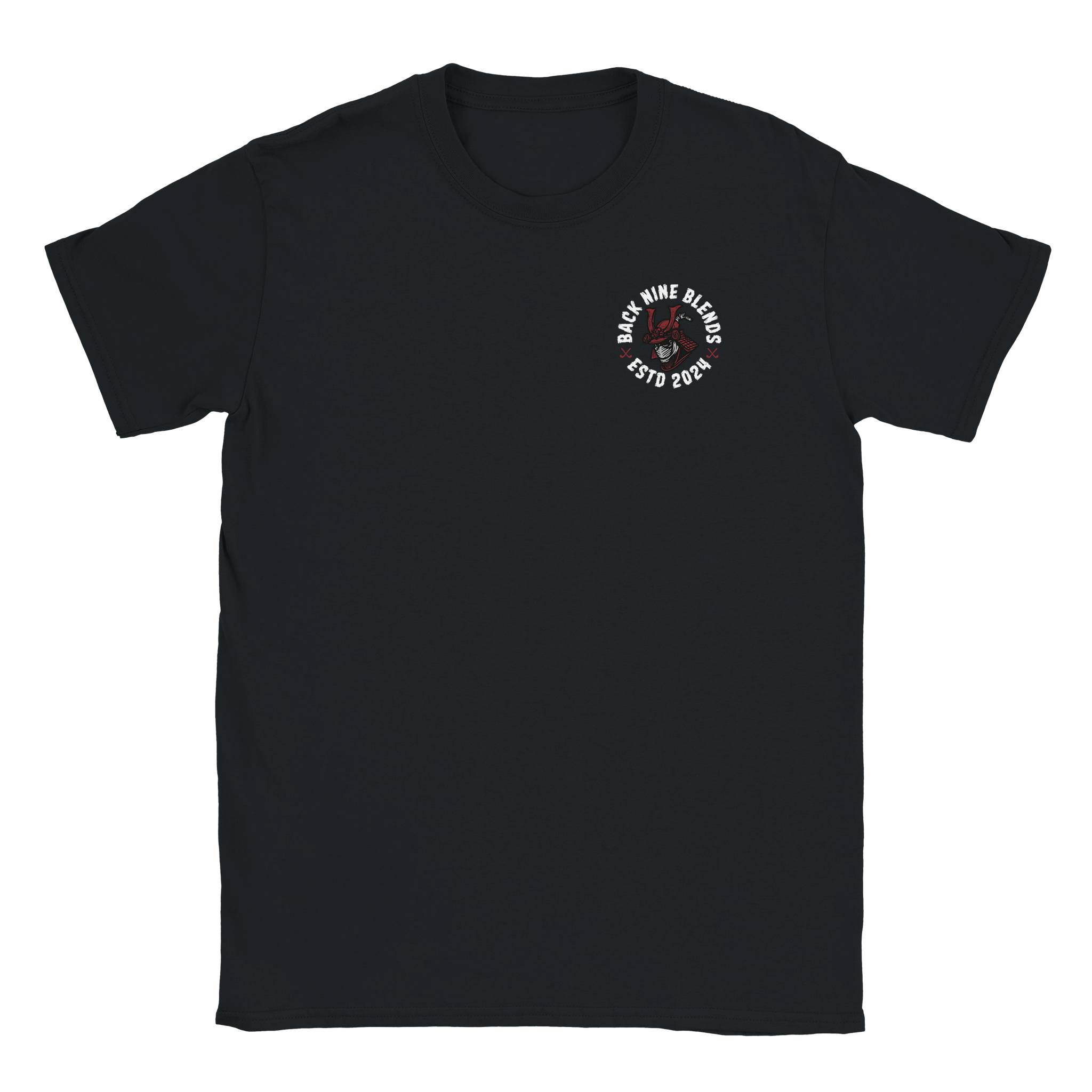 A black tee featuring a samurai logo on the chest, surrounded by circular white text 'BACK NINE BLENDS' and 'ESTD 2024'.