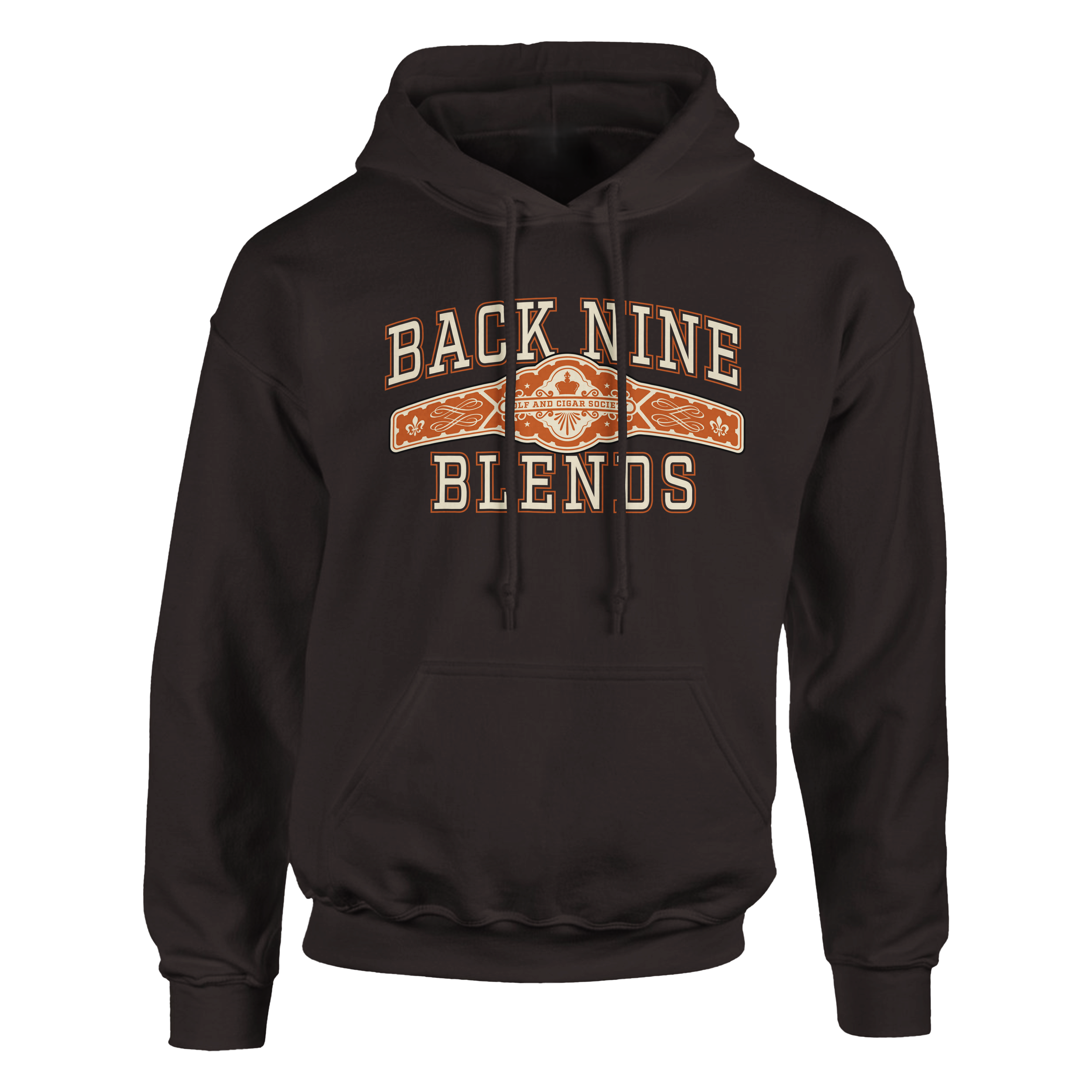 A dark chocolate pullover hoodie with a cigar band graphic on the chest reading 'BACK NINE BLENDS' in cream and orange.