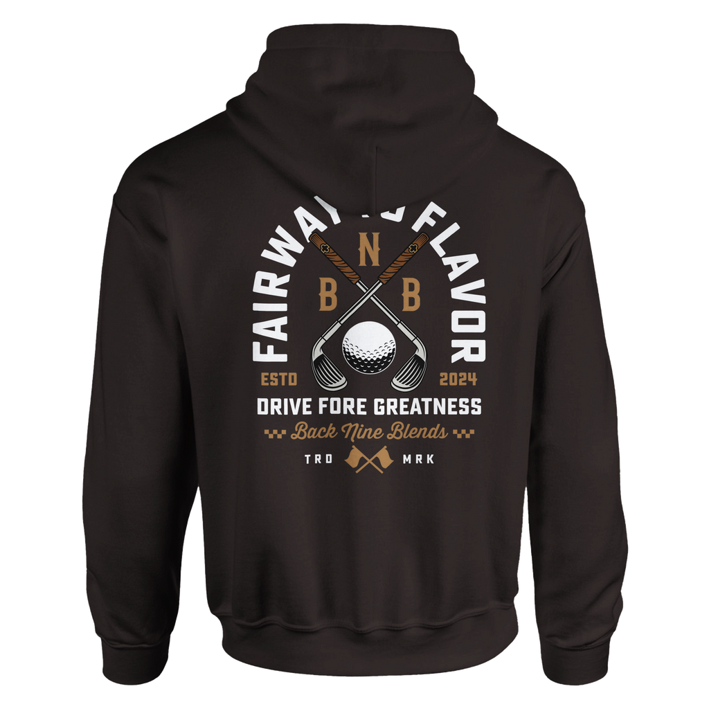 A dark chocolate pullover hoodie featuring a bold graphic of crossed golf clubs and a golf ball, with arced white text 'FAIRWAY TO FLAVOR' above, and 'DRIVE FORE GREATNESS' below.