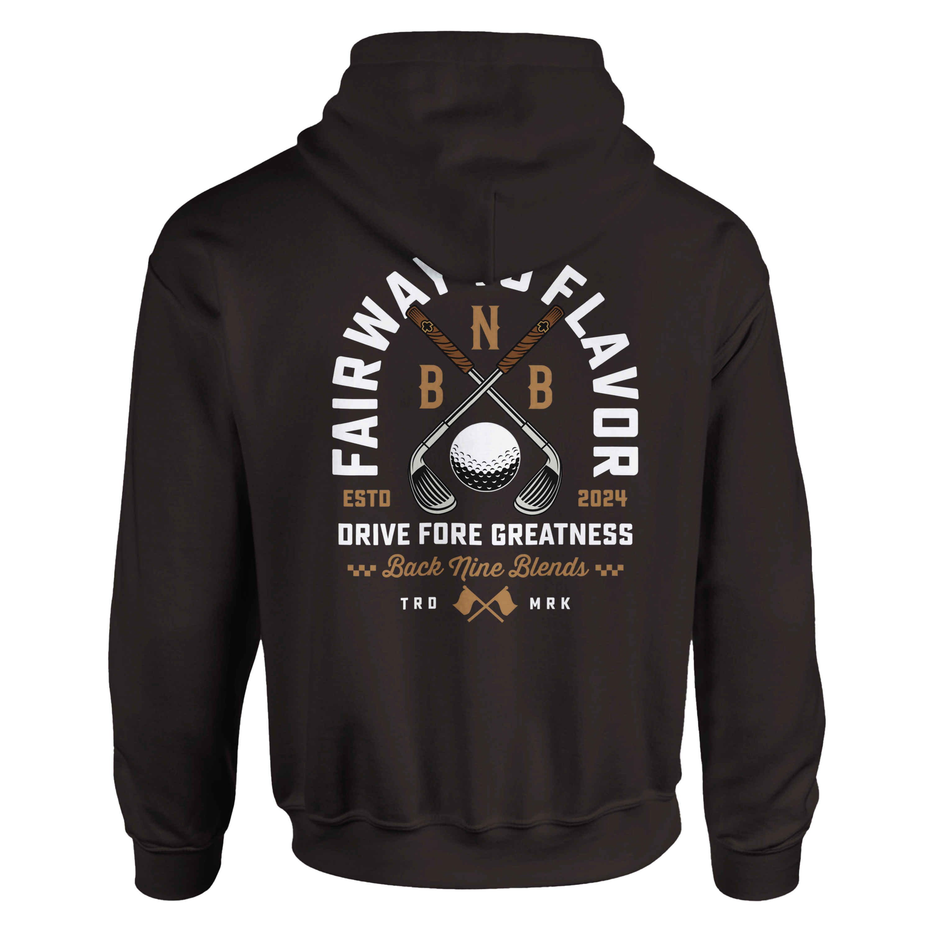 A dark chocolate pullover hoodie featuring a bold graphic of crossed golf clubs and a golf ball, with arced white text 'FAIRWAY TO FLAVOR' above, and 'DRIVE FORE GREATNESS' below.