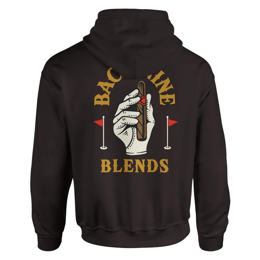 A dark chocolate pullover hoodie featuring a golf glove holding a cigar, with arced gold text reading 'BACK NINE' above and 'BLENDS' below.