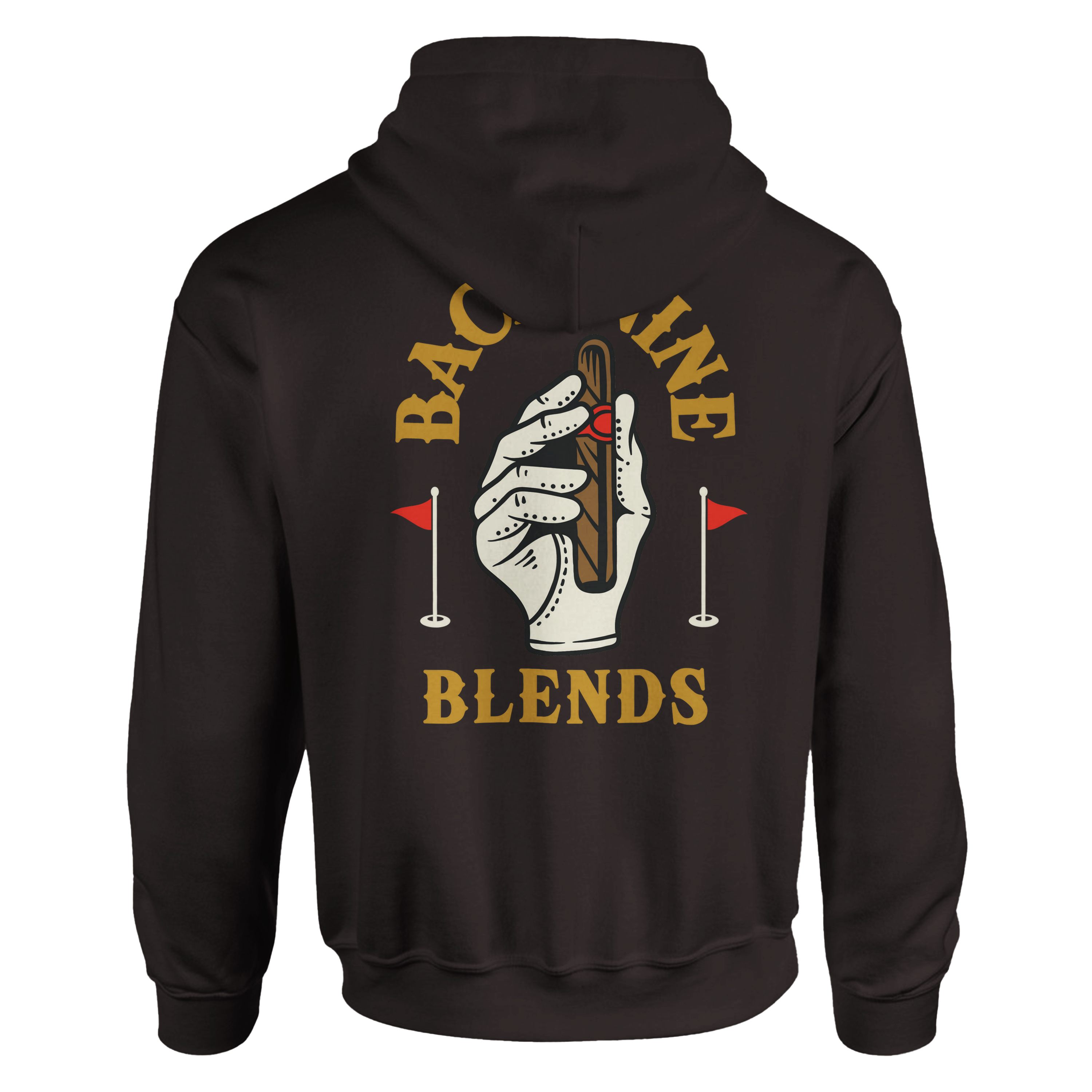 A dark chocolate pullover hoodie featuring a golf glove holding a cigar, with arced gold text reading 'BACK NINE' above and 'BLENDS' below.