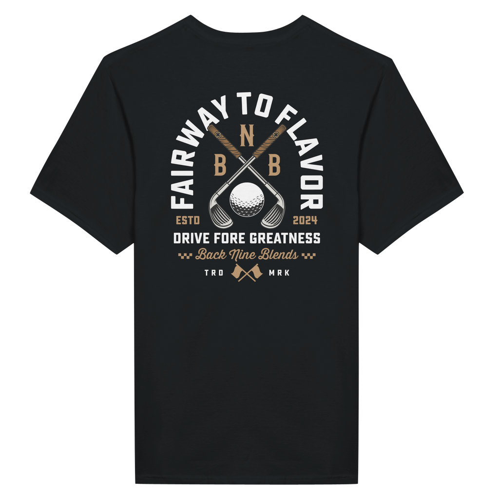 A black tee featuring a bold graphic of crossed golf clubs and a golf ball, with arced white text 'FAIRWAY TO FLAVOR' above, and 'DRIVE FORE GREATNESS' below.