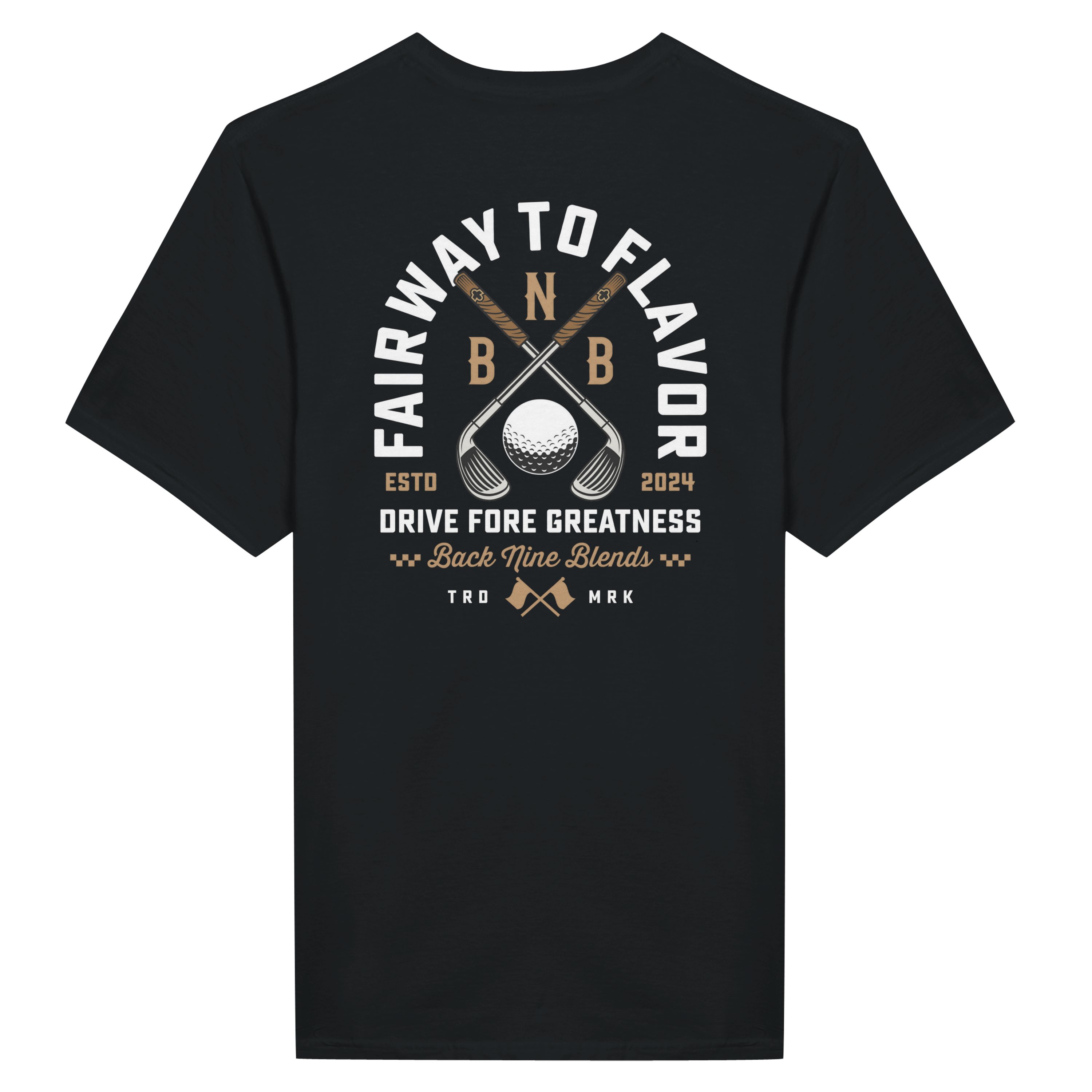 A black tee featuring a bold graphic of crossed golf clubs and a golf ball, with arced white text 'FAIRWAY TO FLAVOR' above, and 'DRIVE FORE GREATNESS' below.