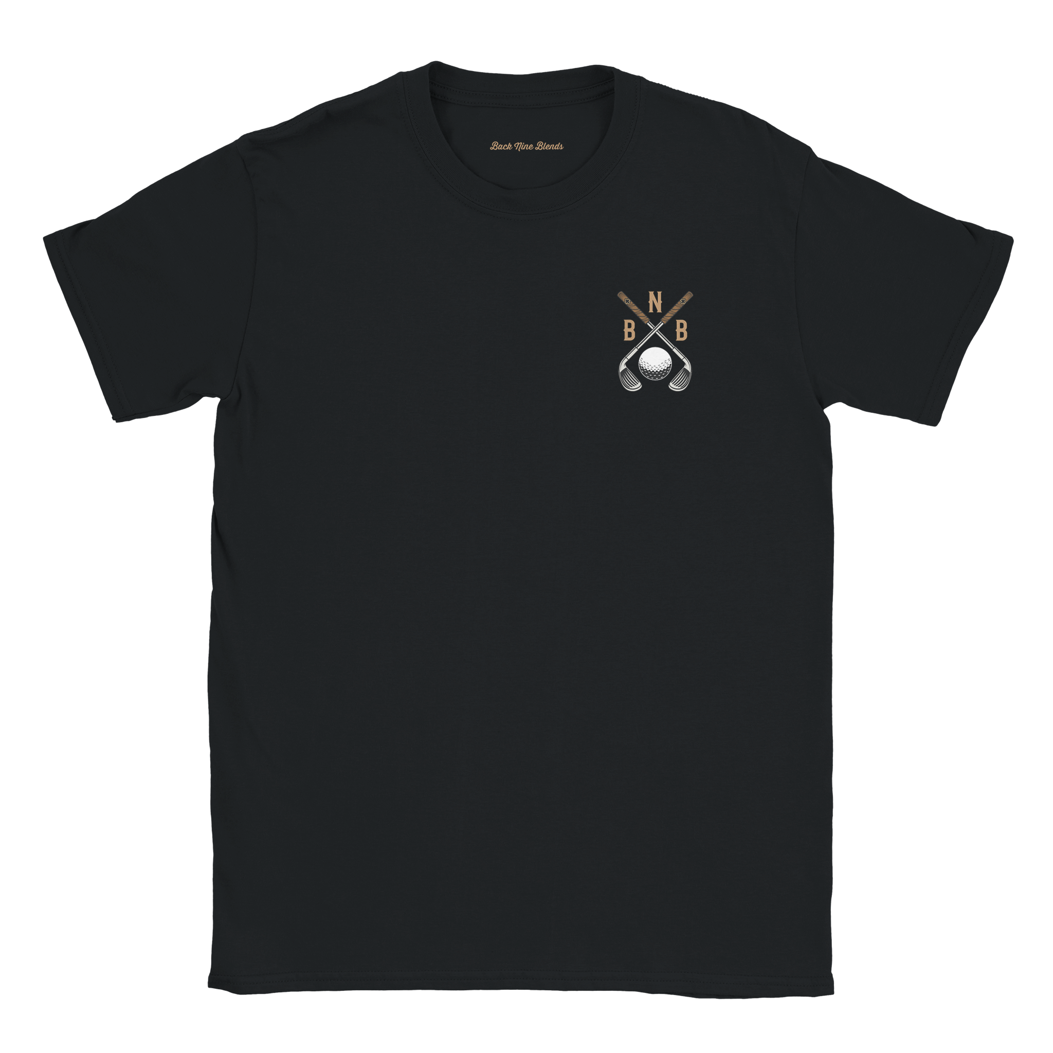 A black tee featuring a bold graphic of crossed golf clubs and a golf ball on the left chest.
