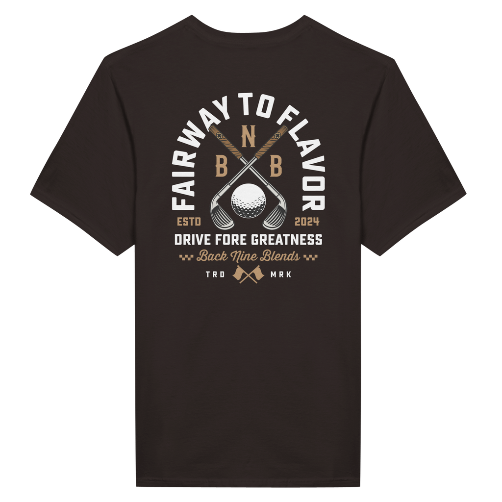 A dark chocolate tee featuring a bold graphic of crossed golf clubs and a golf ball, with arced white text 'FAIRWAY TO FLAVOR' above, and 'DRIVE FORE GREATNESS' below.