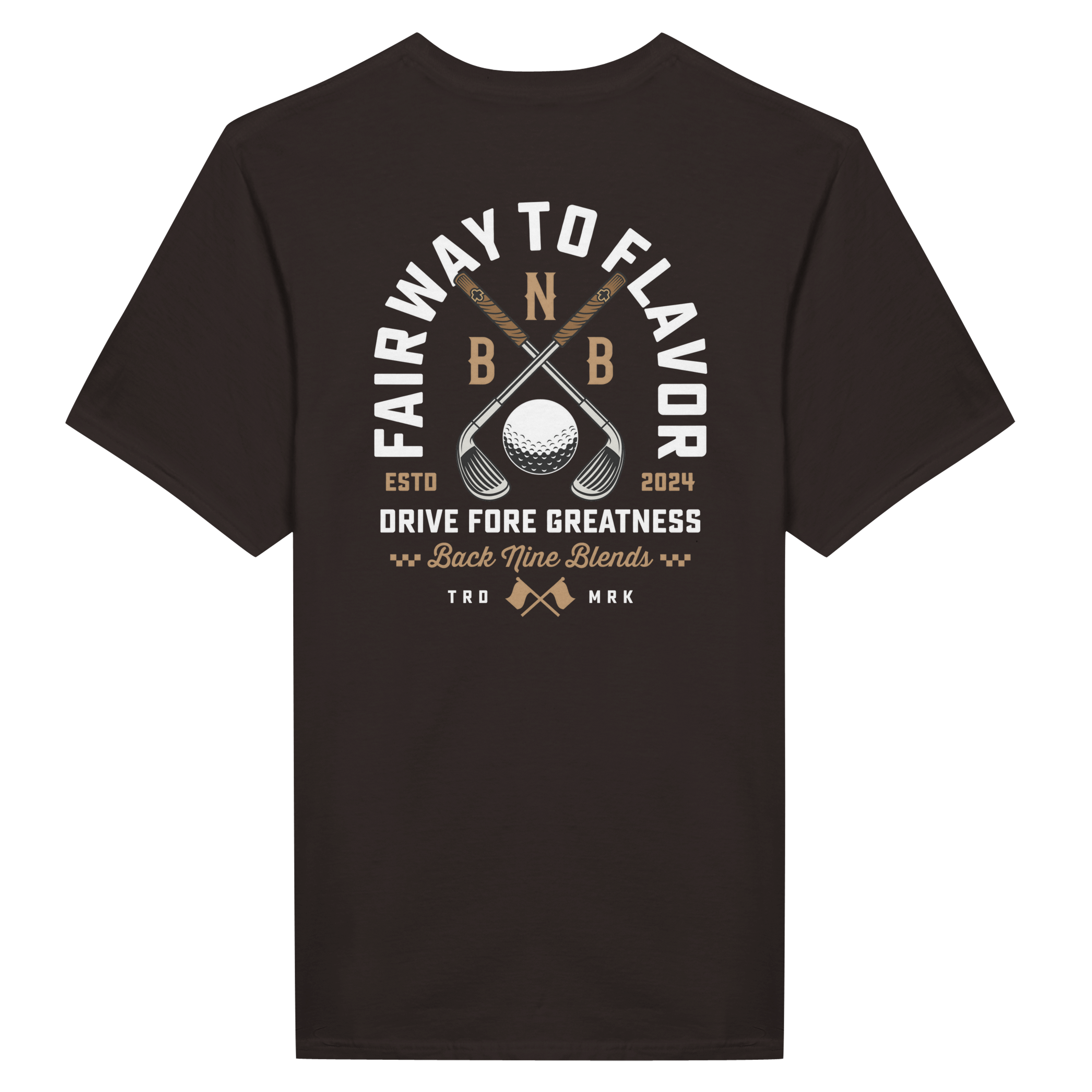 A dark chocolate tee featuring a bold graphic of crossed golf clubs and a golf ball, with arced white text 'FAIRWAY TO FLAVOR' above, and 'DRIVE FORE GREATNESS' below.