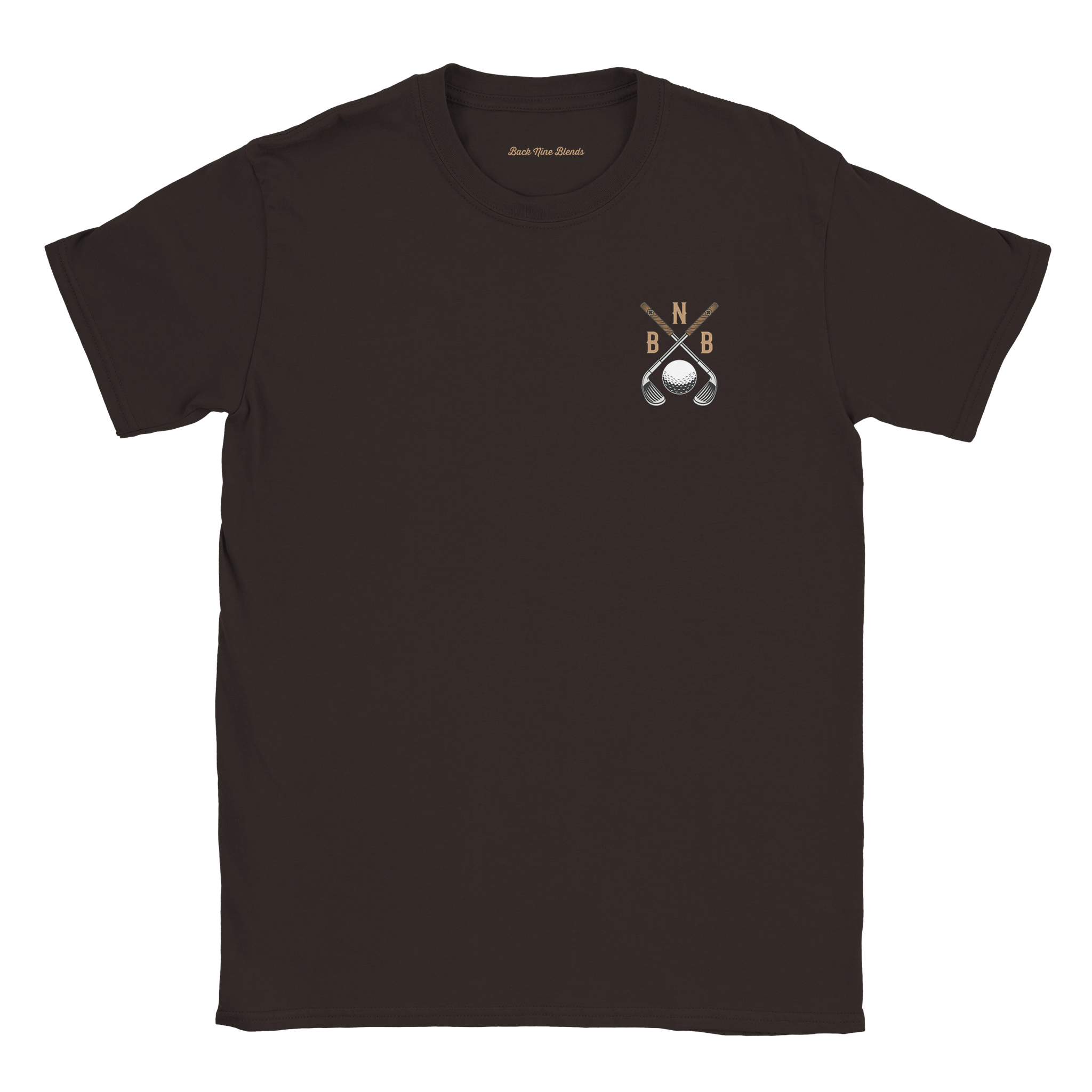 A dark chocolate tee featuring a bold graphic of crossed golf clubs and a golf ball on the left chest.