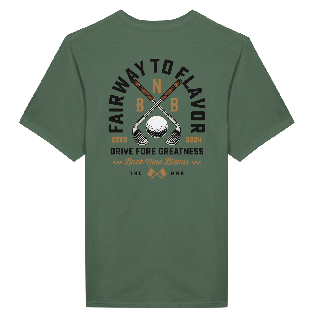 A military green tee featuring a bold graphic of crossed golf clubs and a golf ball, with arced black text 'FAIRWAY TO FLAVOR' above, and 'DRIVE FORE GREATNESS' below.