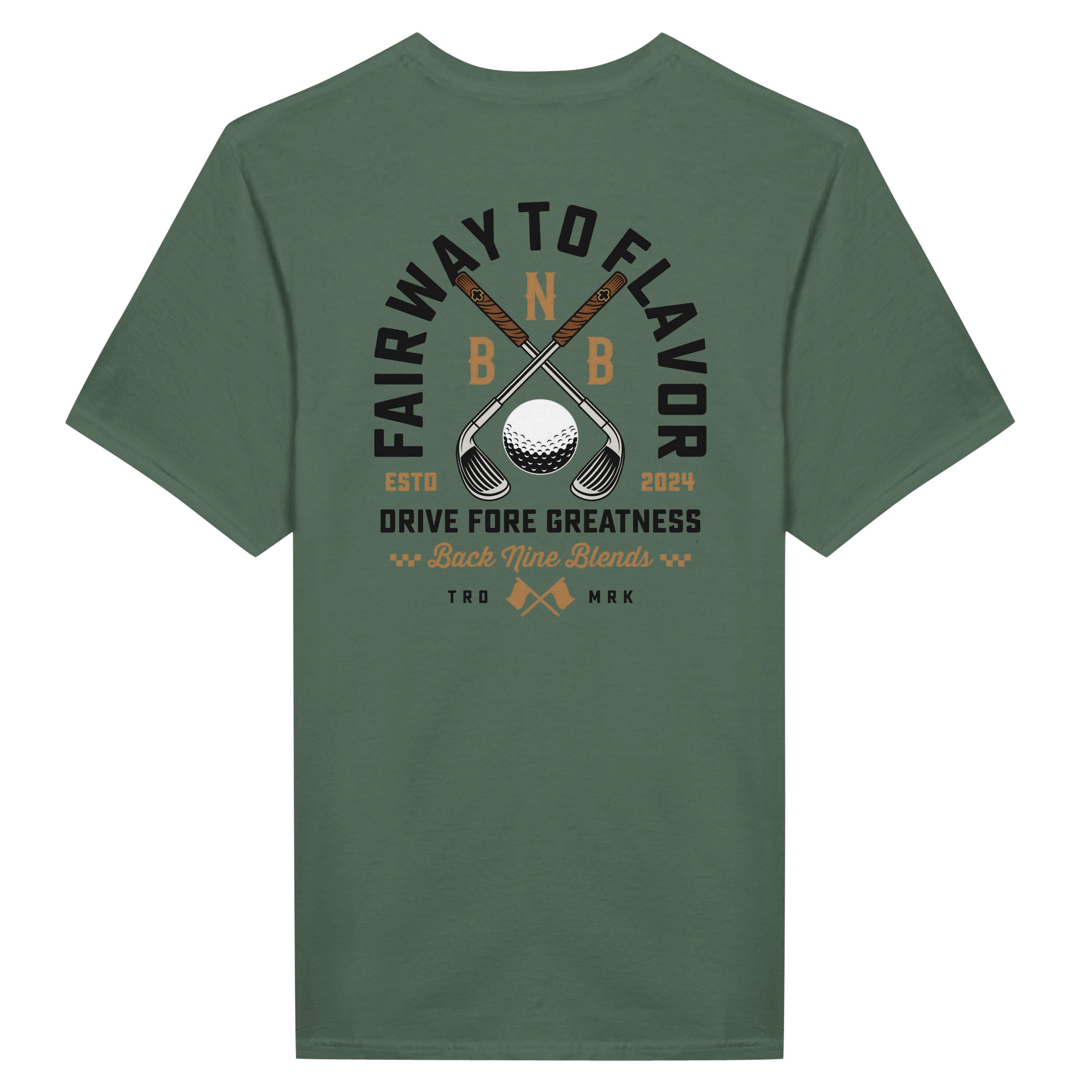 A military green tee featuring a bold graphic of crossed golf clubs and a golf ball, with arced black text 'FAIRWAY TO FLAVOR' above, and 'DRIVE FORE GREATNESS' below.