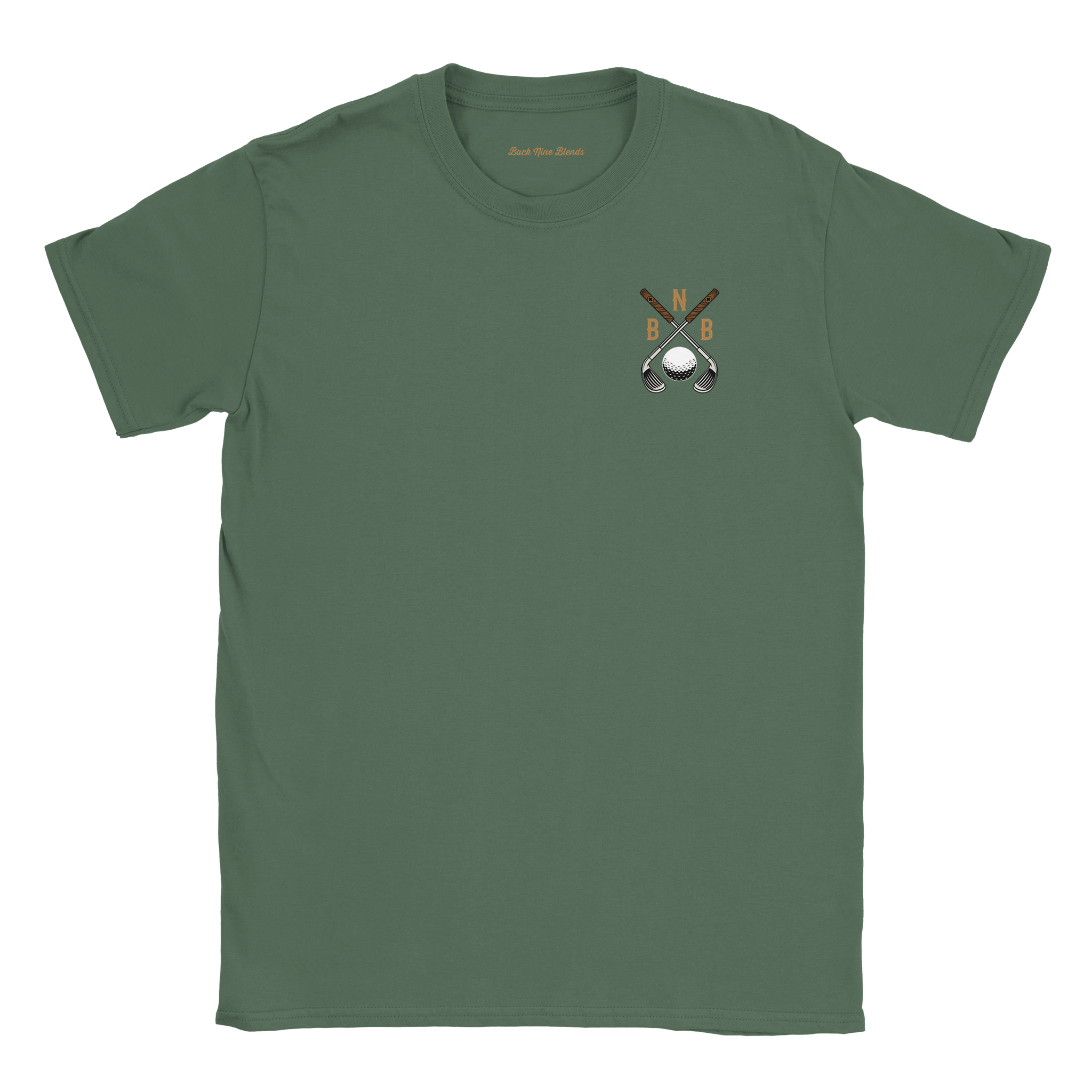 A military green tee featuring a bold graphic of crossed golf clubs and a golf ball on the left chest.