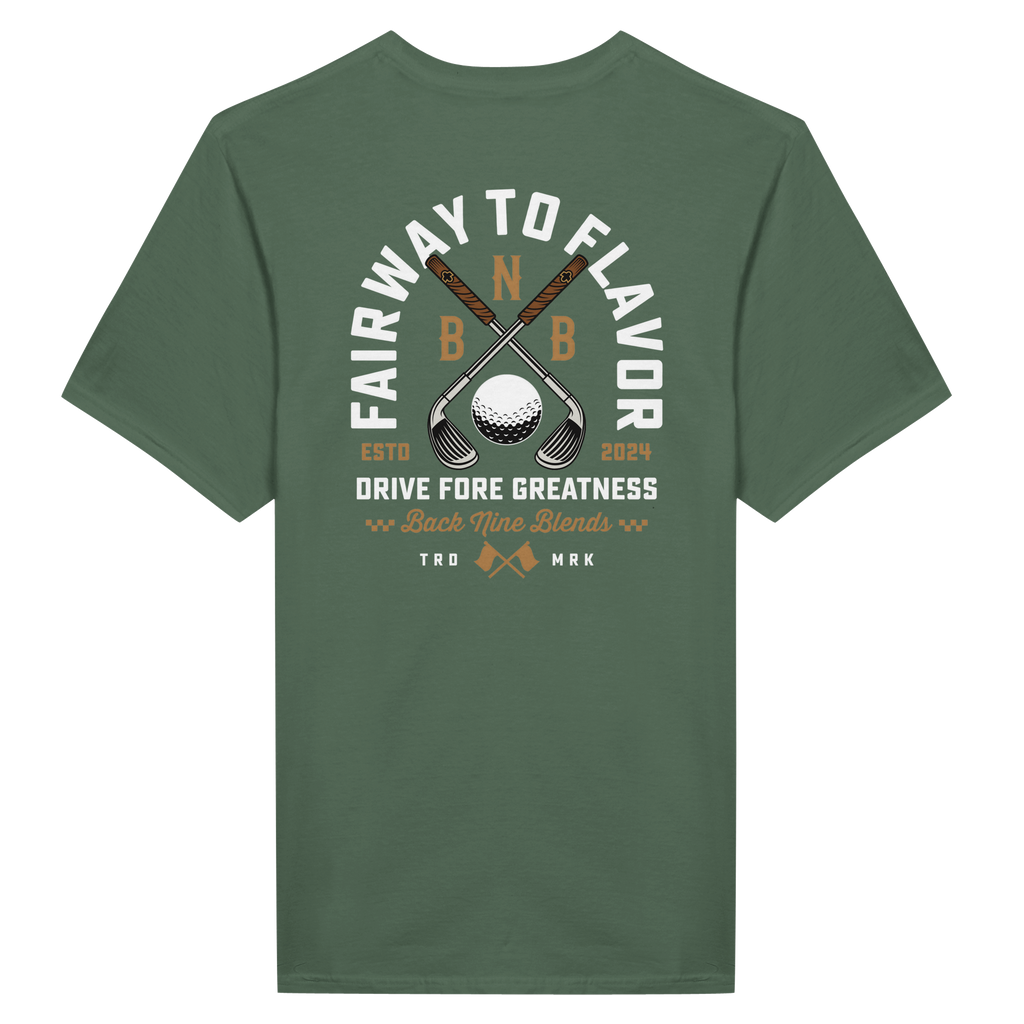 A military green tee featuring a bold graphic of crossed golf clubs and a golf ball, with arced white text 'FAIRWAY TO FLAVOR' above, and 'DRIVE FORE GREATNESS' below.