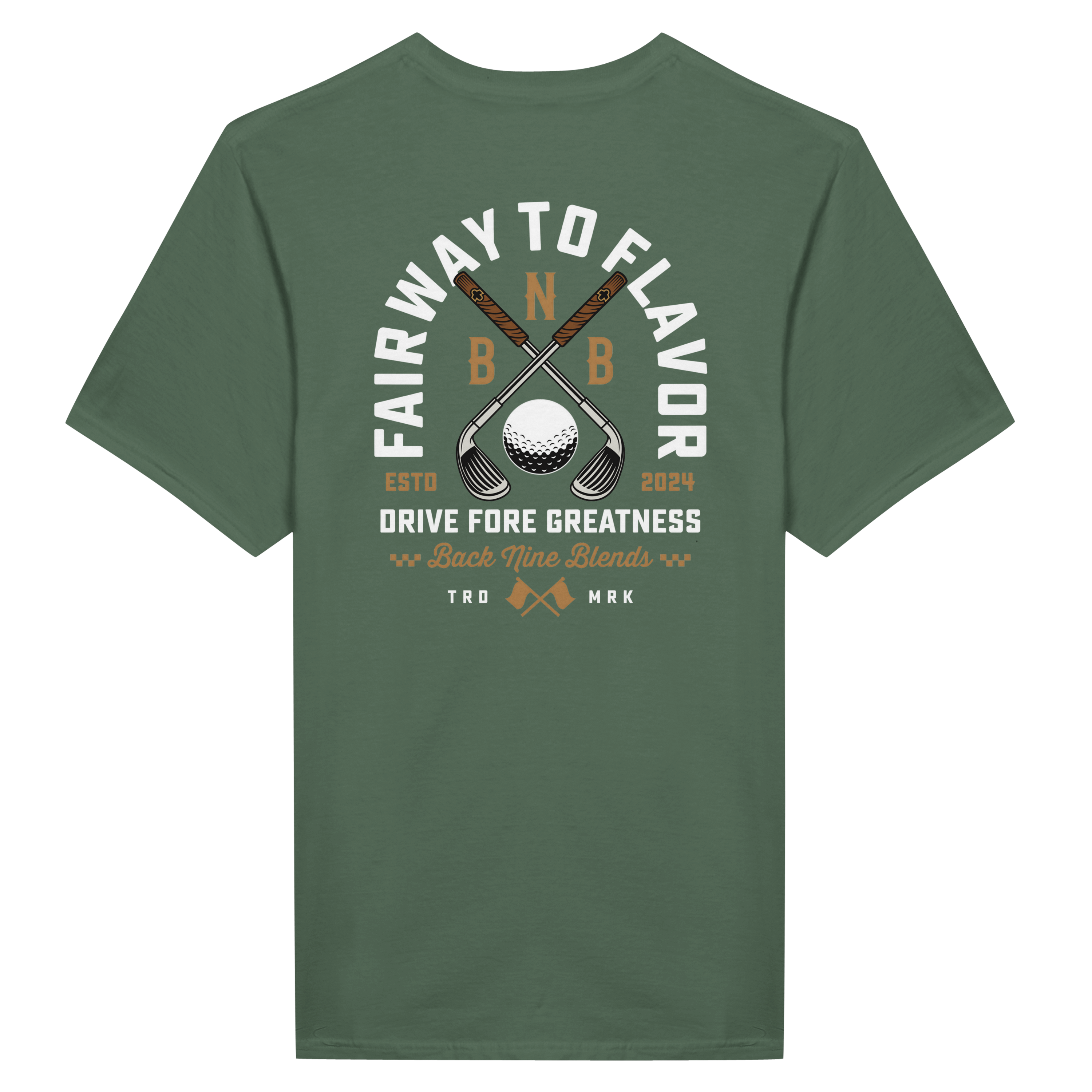 A military green tee featuring a bold graphic of crossed golf clubs and a golf ball, with arced white text 'FAIRWAY TO FLAVOR' above, and 'DRIVE FORE GREATNESS' below.