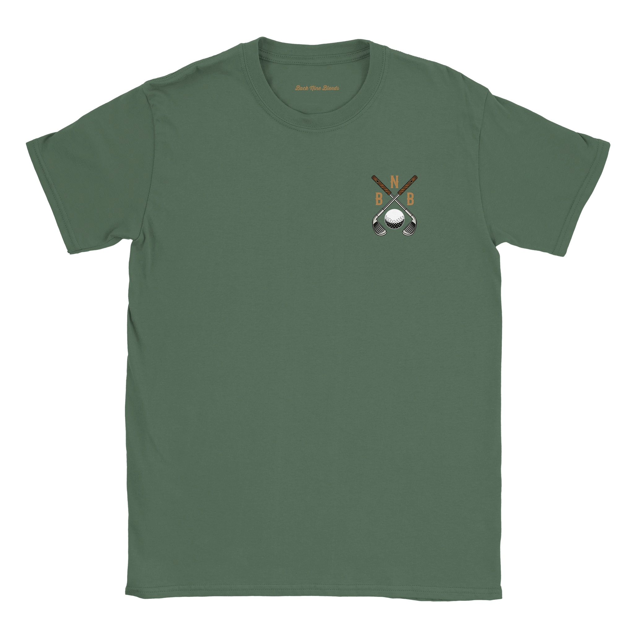A military green tee featuring a bold graphic of crossed golf clubs and a golf ball on the left chest.