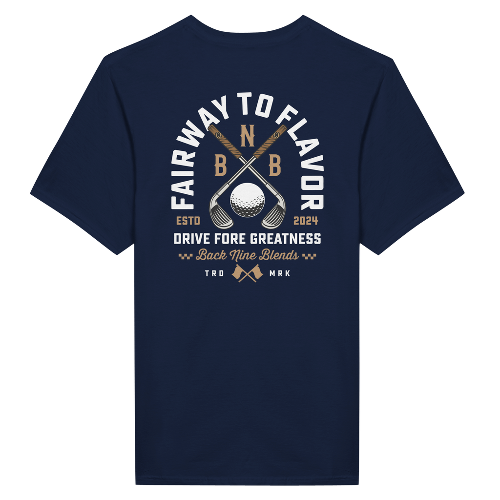 A navy blue tee featuring a bold graphic of crossed golf clubs and a golf ball, with arced white text 'FAIRWAY TO FLAVOR' above, and 'DRIVE FORE GREATNESS' below.