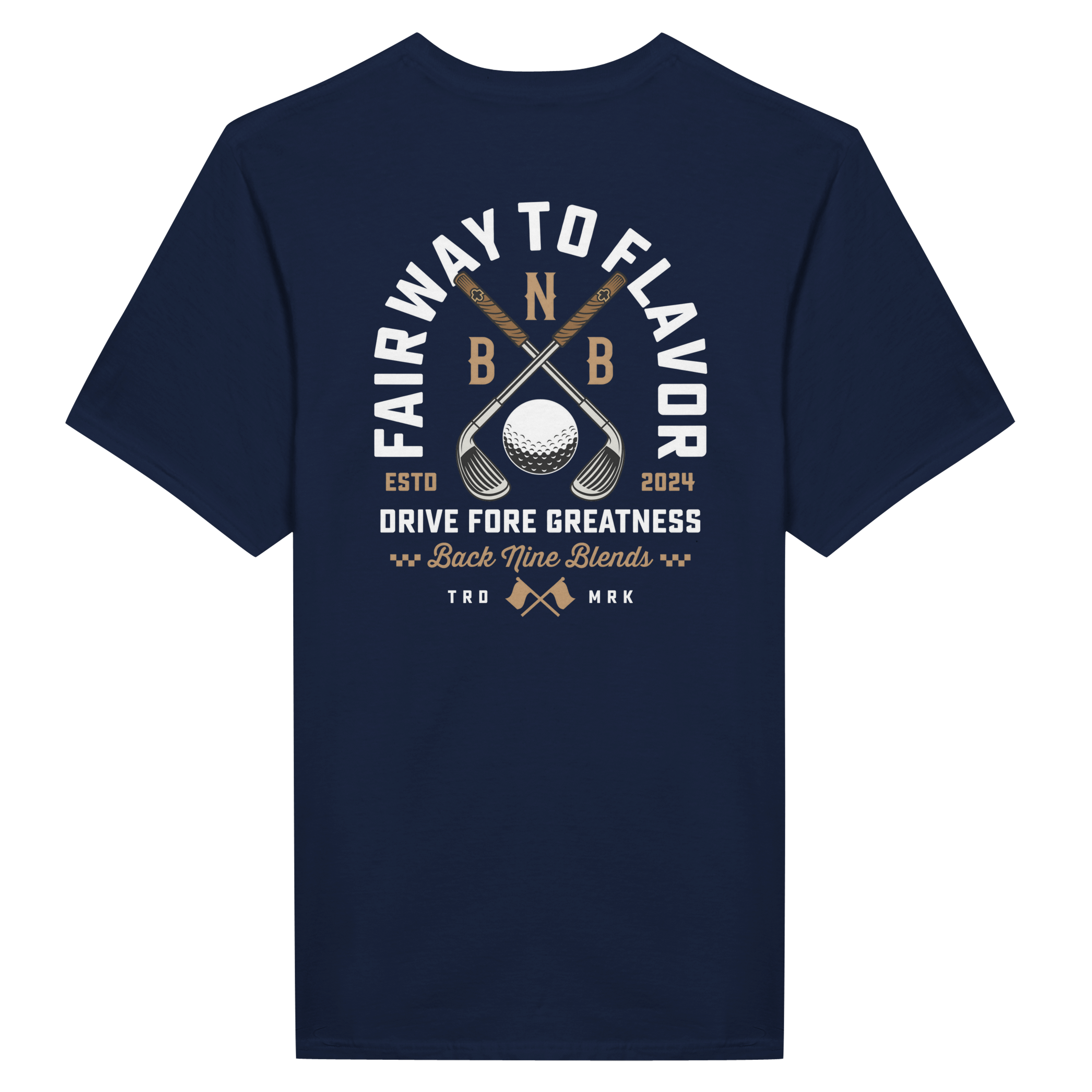 A navy blue tee featuring a bold graphic of crossed golf clubs and a golf ball, with arced white text 'FAIRWAY TO FLAVOR' above, and 'DRIVE FORE GREATNESS' below.