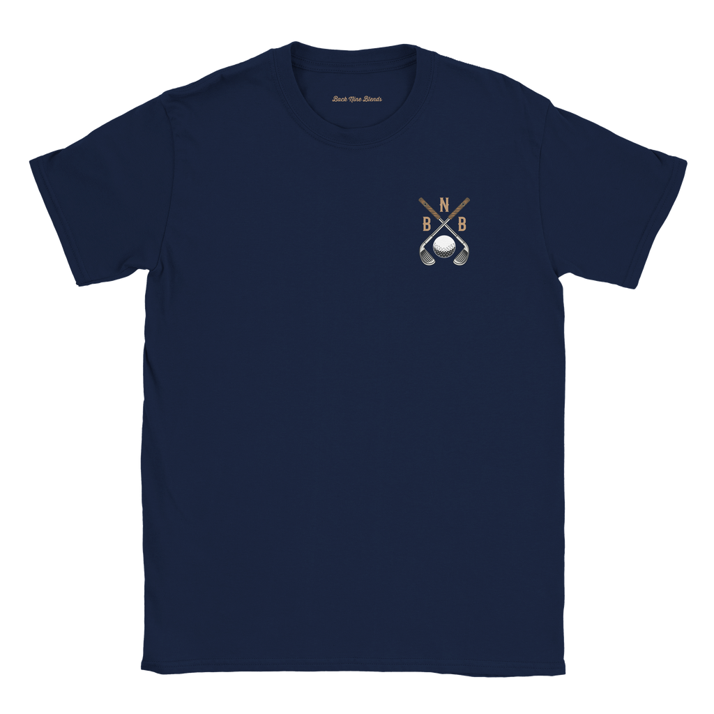 A navy blue tee featuring a bold graphic of crossed golf clubs and a golf ball on the left chest.