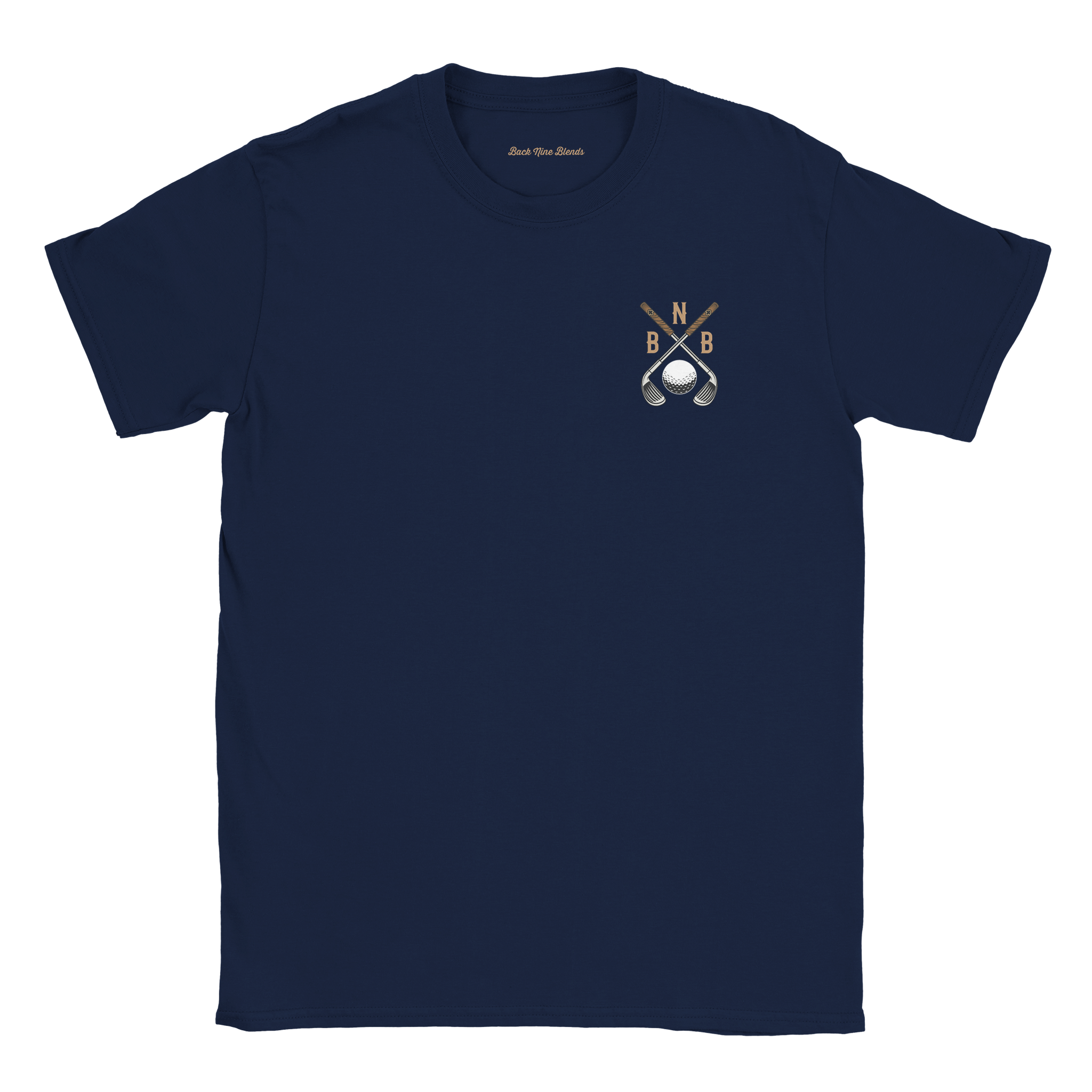 A navy blue tee featuring a bold graphic of crossed golf clubs and a golf ball on the left chest.
