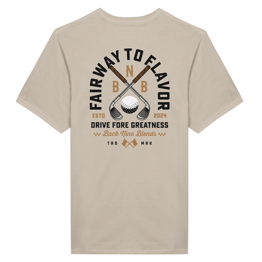A sand tee featuring a bold graphic of crossed golf clubs and a golf ball, with arced black text 'FAIRWAY TO FLAVOR' above, and 'DRIVE FORE GREATNESS' below.