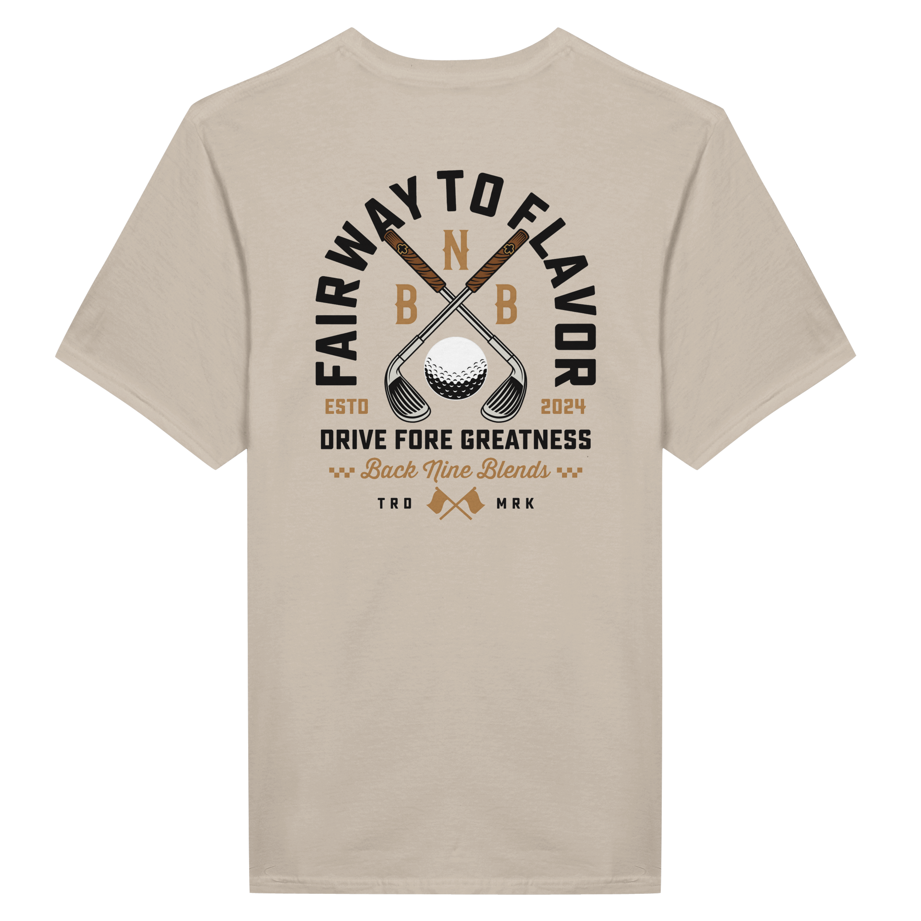 A sand tee featuring a bold graphic of crossed golf clubs and a golf ball, with arced black text 'FAIRWAY TO FLAVOR' above, and 'DRIVE FORE GREATNESS' below.