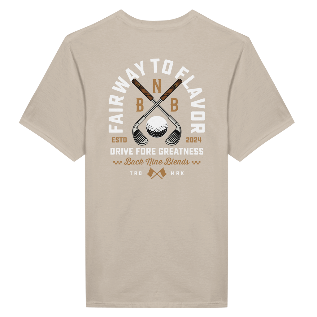 A sand tee featuring a bold graphic of crossed golf clubs and a golf ball, with arced white text 'FAIRWAY TO FLAVOR' above, and 'DRIVE FORE GREATNESS' below.