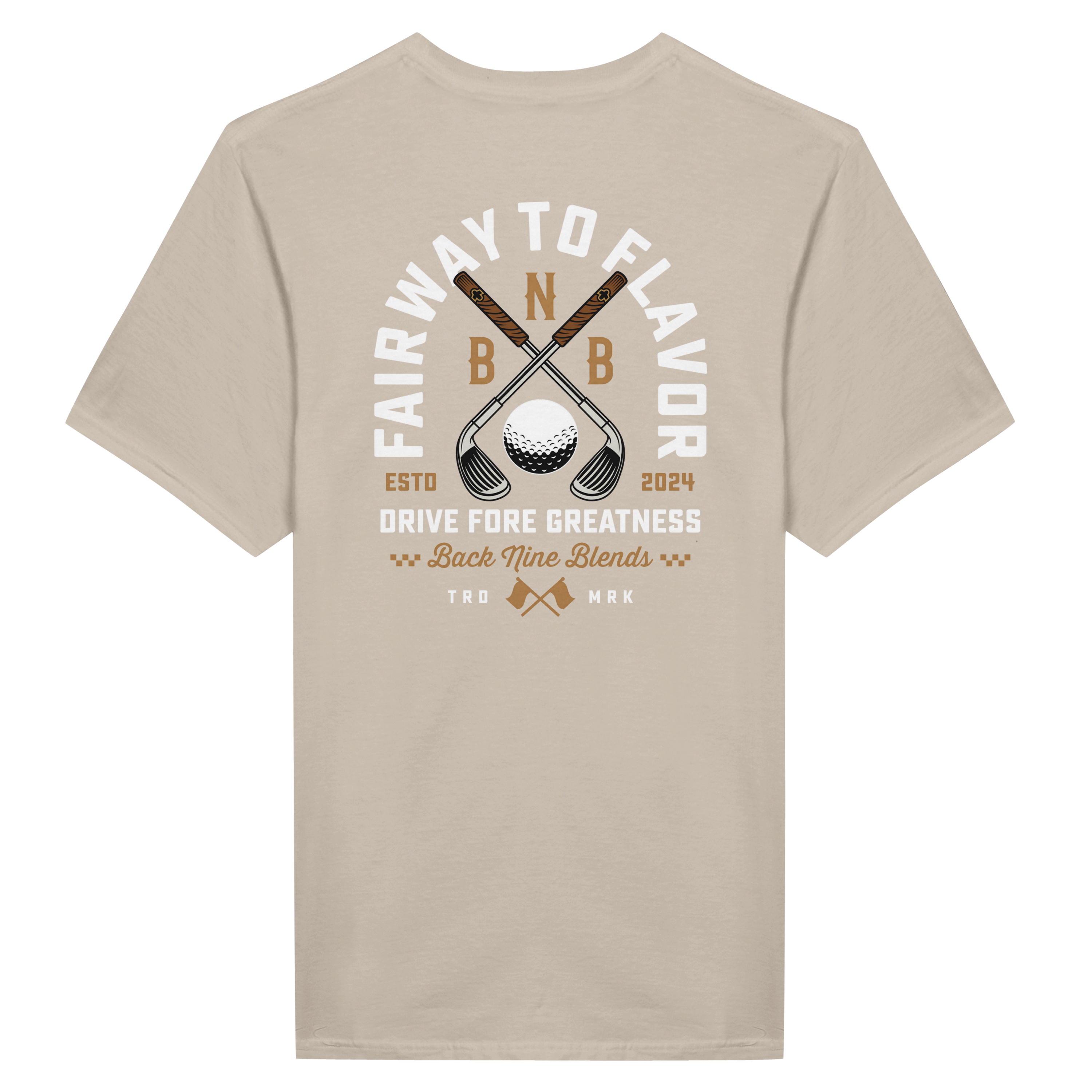 A sand tee featuring a bold graphic of crossed golf clubs and a golf ball, with arced white text 'FAIRWAY TO FLAVOR' above, and 'DRIVE FORE GREATNESS' below.