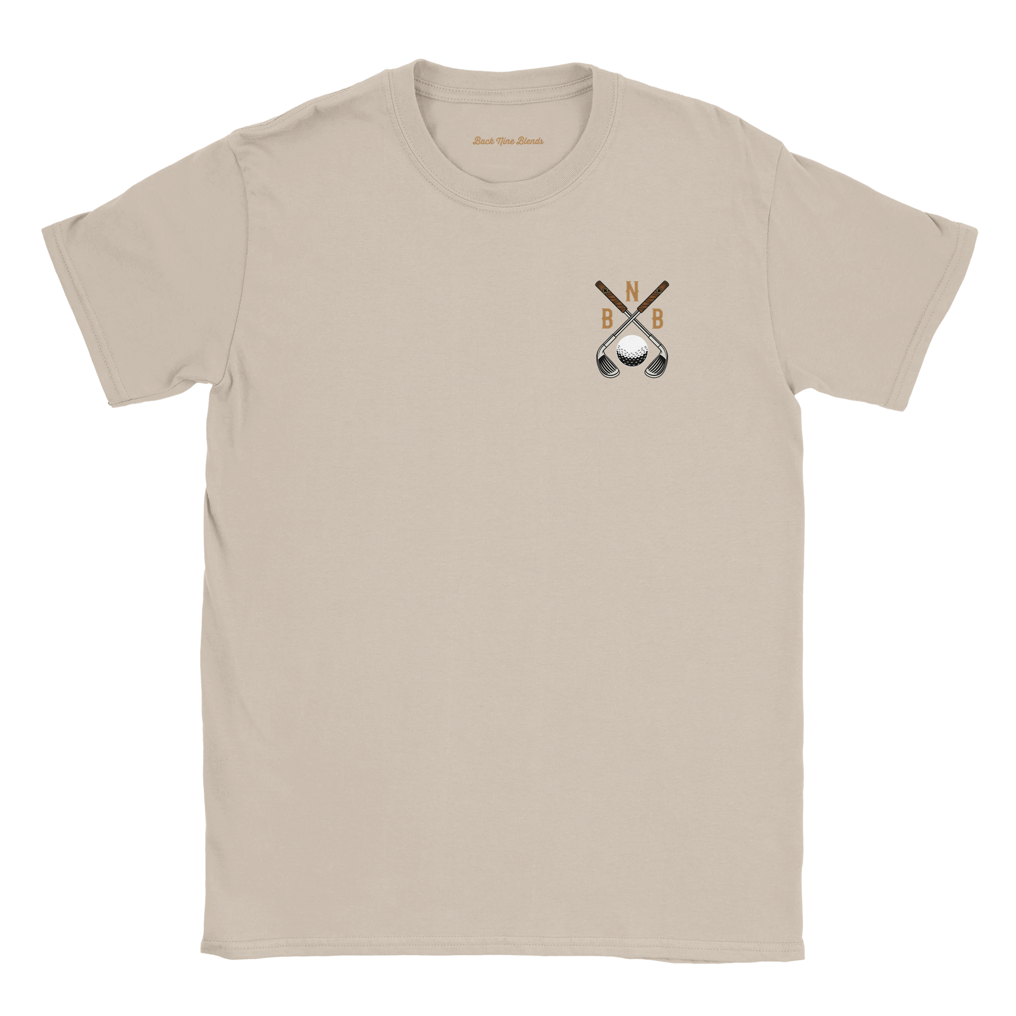 A sand tee featuring a bold graphic of crossed golf clubs and a golf ball on the left chest.