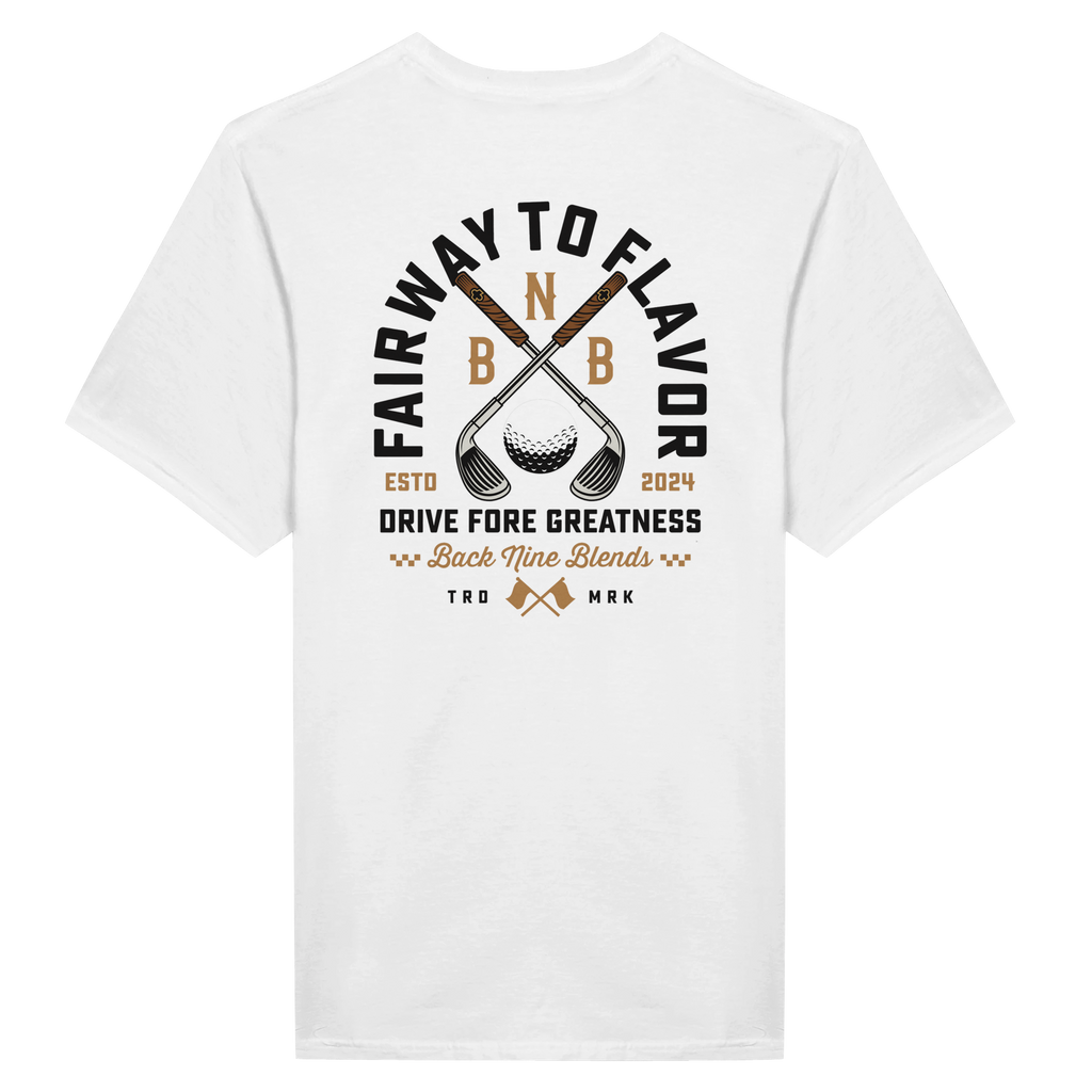 A white tee featuring a bold graphic of crossed golf clubs and a golf ball, with arced black text 'FAIRWAY TO FLAVOR' above, and 'DRIVE FORE GREATNESS' below.