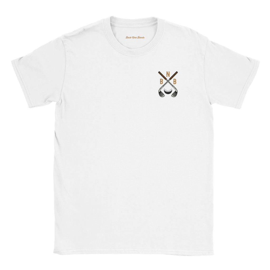 A white tee featuring a bold graphic of crossed golf clubs and a golf ball on the left chest.