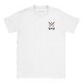 A white tee featuring a bold graphic of crossed golf clubs and a golf ball on the left chest.