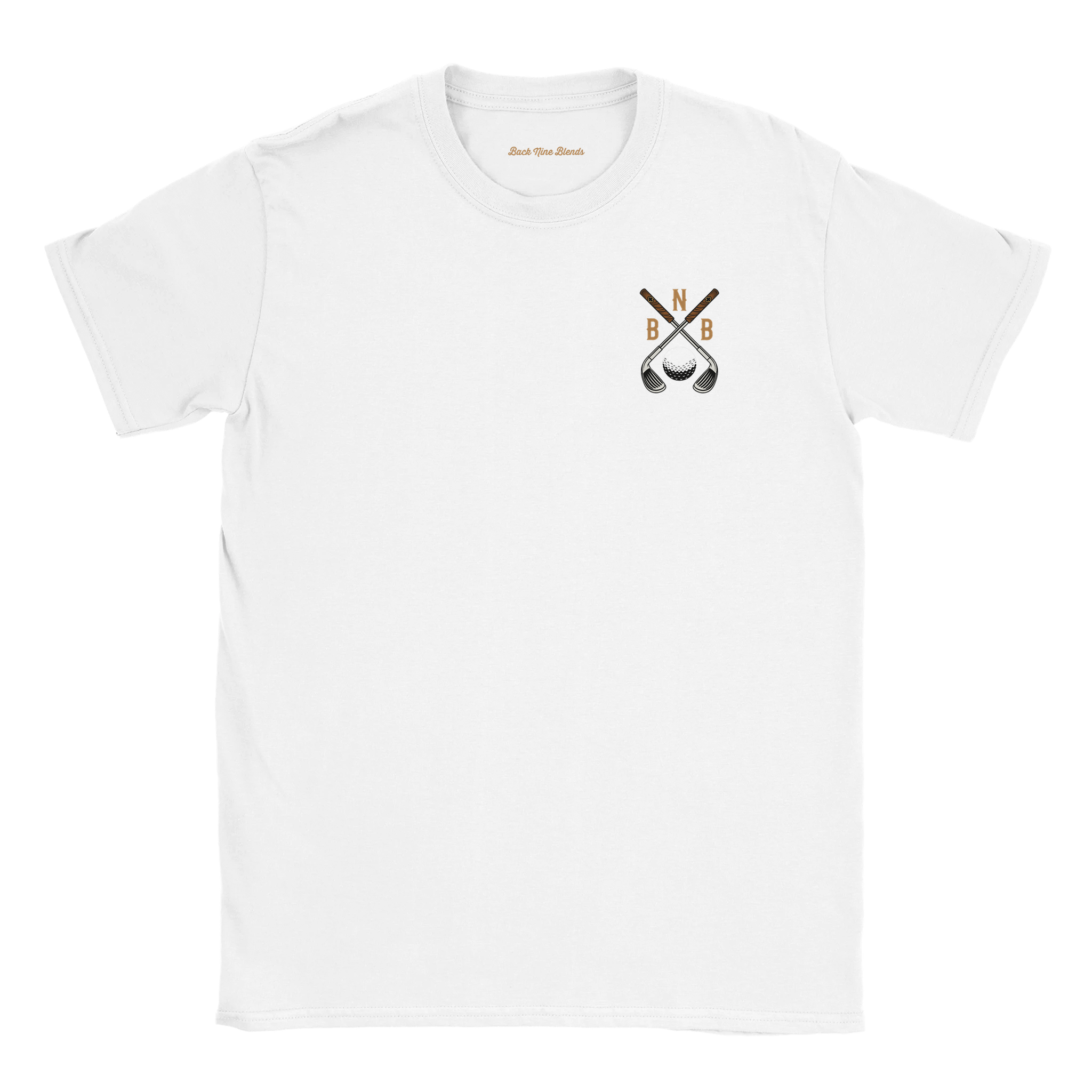 A white tee featuring a bold graphic of crossed golf clubs and a golf ball on the left chest.