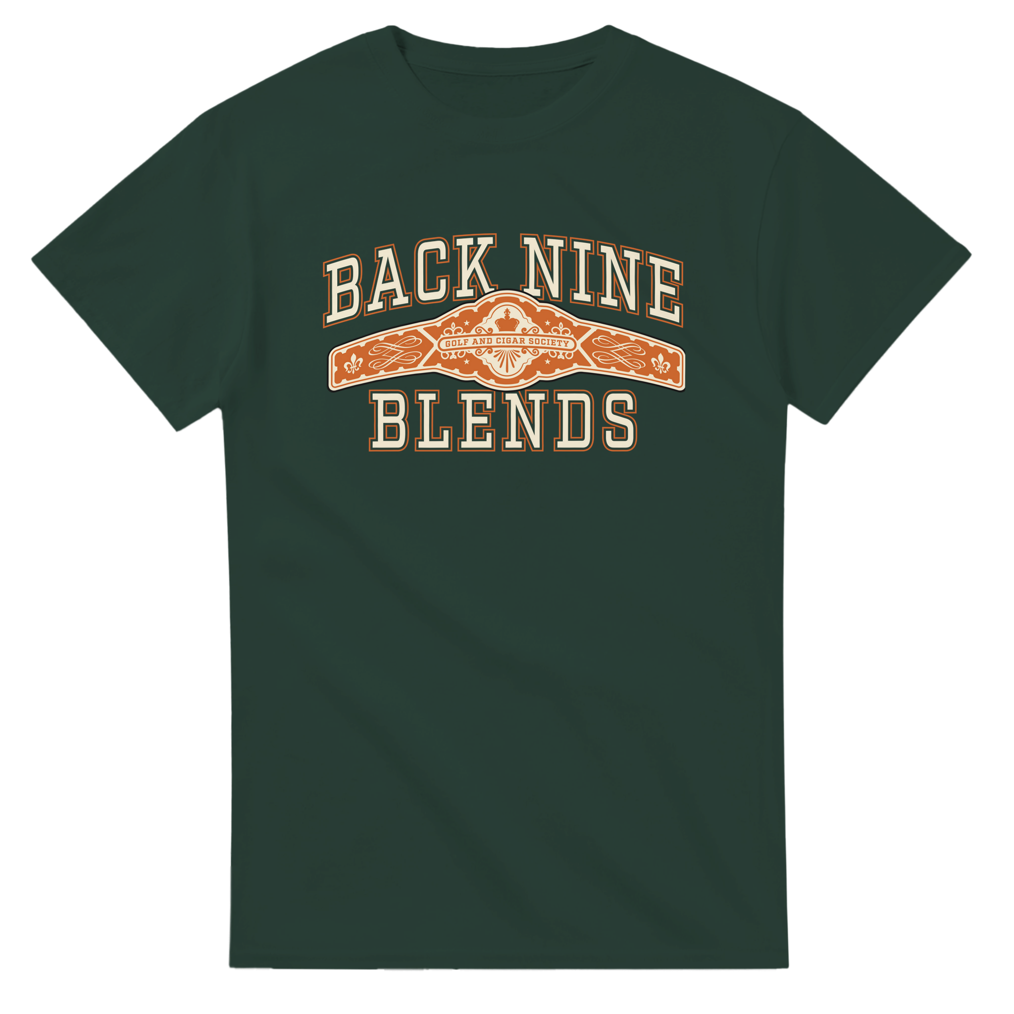 A forest green tee with a cigar band graphic on the chest reading 'BACK NINE BLENDS' in cream and orange.