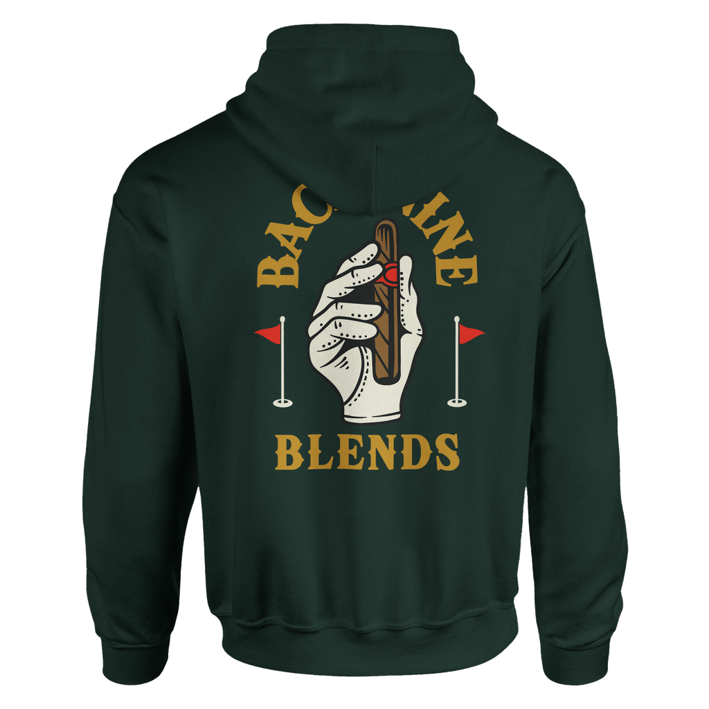 A forest green pullover hoodie featuring a golf glove holding a cigar, with arced gold text reading 'BACK NINE' above and 'BLENDS' below.