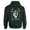 A forest green pullover hoodie featuring a golf glove holding a cigar, with arced gold text reading 'BACK NINE' above and 'BLENDS' below.