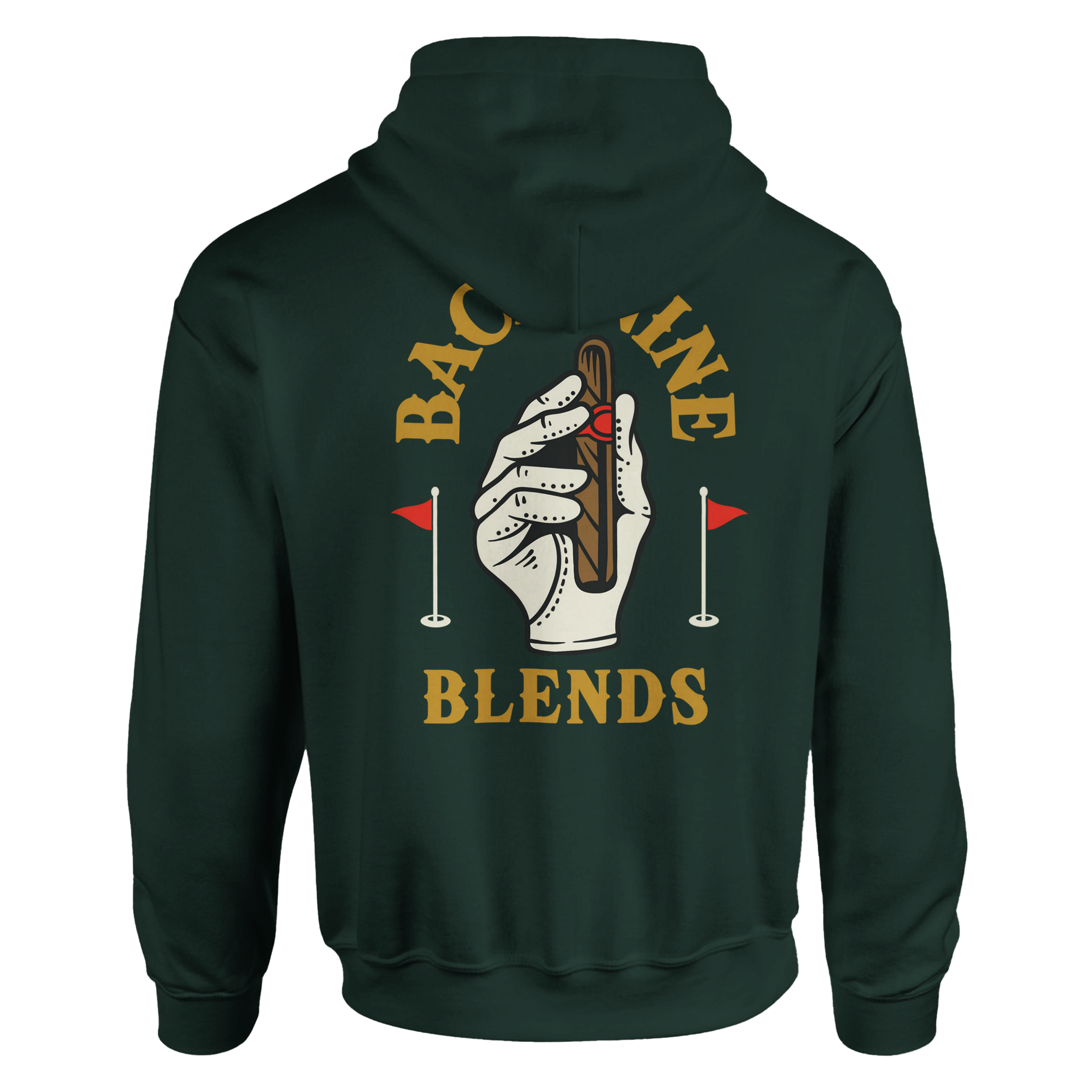 A forest green pullover hoodie featuring a golf glove holding a cigar, with arced gold text reading 'BACK NINE' above and 'BLENDS' below.