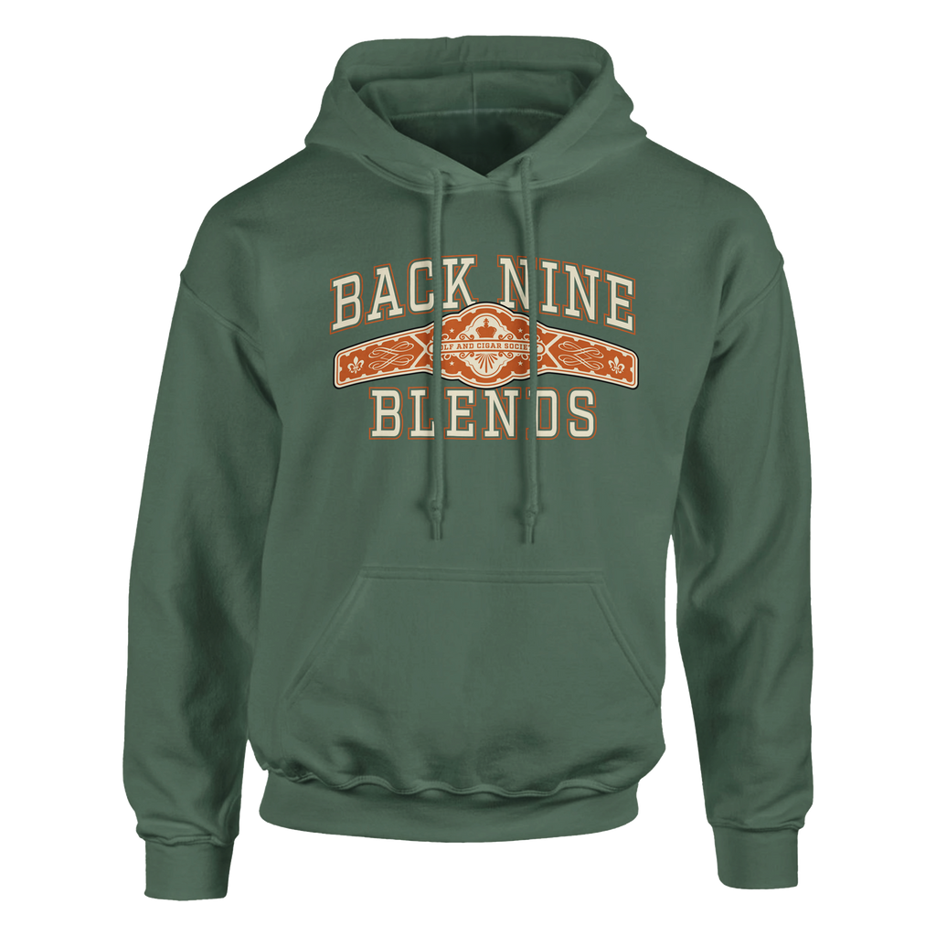 A military green pullover hoodie with a cigar band graphic on the chest reading 'BACK NINE BLENDS' in cream and orange.