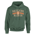 A military green pullover hoodie with a cigar band graphic on the chest reading 'BACK NINE BLENDS' in cream and orange.